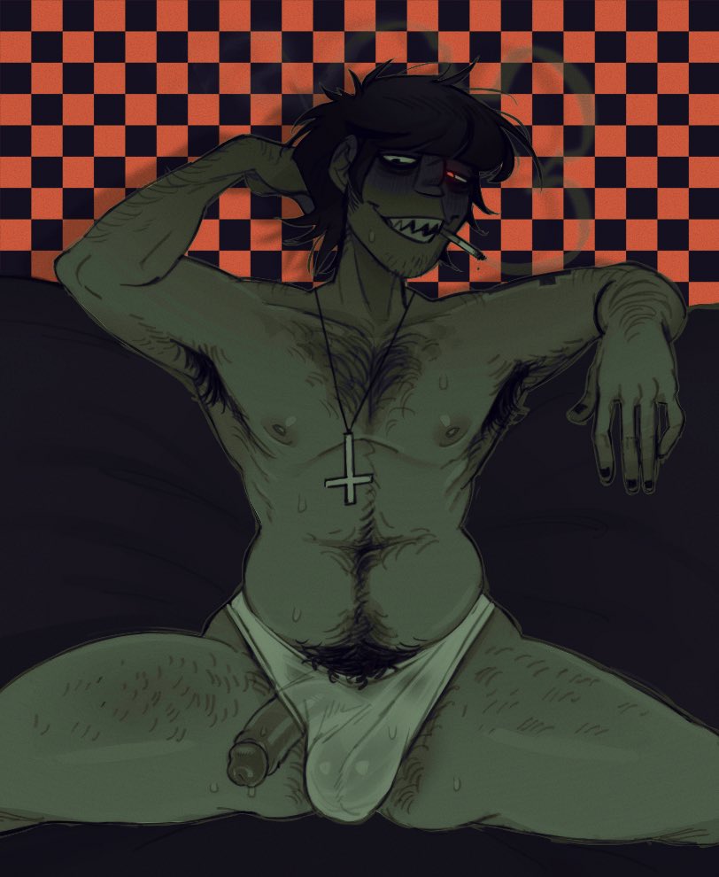 black hair, checkered background, cigarette, cigarette in mouth, cigarette smoke, gorillaz, green skin, green skinned male, heterochromia, looking at viewer, male, male focus, male only, murdoc niccals, penis, penis out, sharp teeth, solo, solo focus, solo male, underwear, underwear only, upside down cross