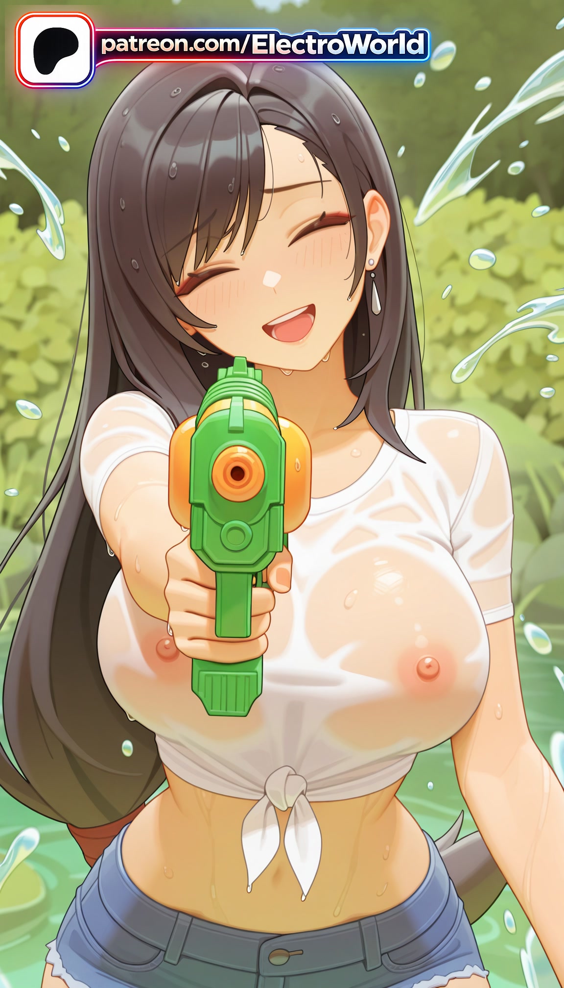 1girls, 2026, ai generated, artist name, big breasts, big chest, blue shorts, breasts, bust, busty, chest, closed eyes, crop top, cutoffs, denim, denim shorts, earrings, electroworld, exposed nipples, female, final fantasy, grass, hi res, high quality, high resolution, highres, hose, jewelry, large breasts, long hair, navel, nipples, nipples outside, no bra, open fly, open mouth, open shorts, patreon, patreon username, see-through, shirt, short shorts, shorts, smile, stable diffusion, tied shirt, tifa lockhart, water drop, water gun, watermark, wet, wet clothes, wet shirt, white shirt