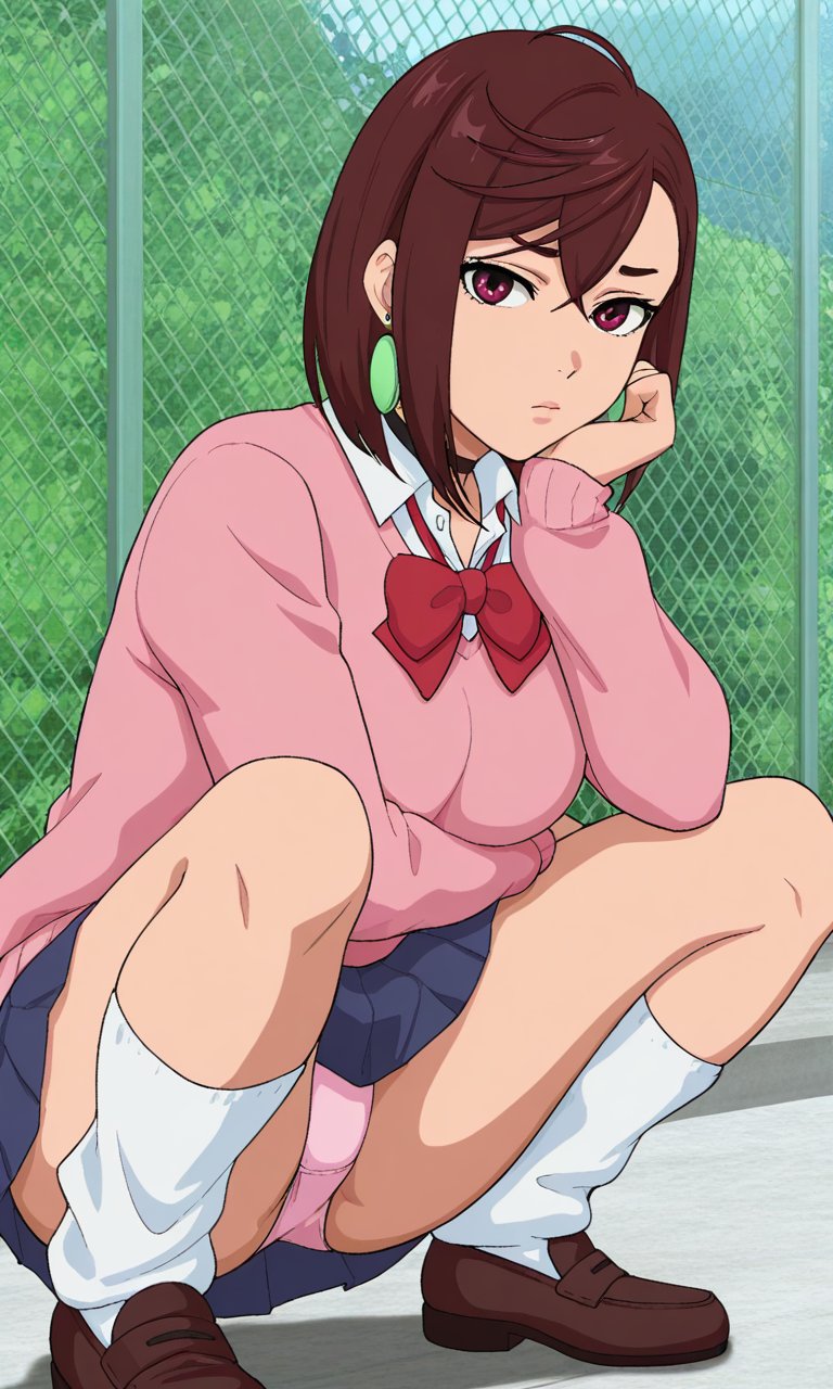 1girls, ai generated, ayase momo, brown eyes, brown hair, dandadan, kyoru189, light skin, light-skinned female, long sleeves, looking at viewer, momo ayase, panties, skirt, solo, solo female, spread legs, squatting, sweater, teenage girl, teenager