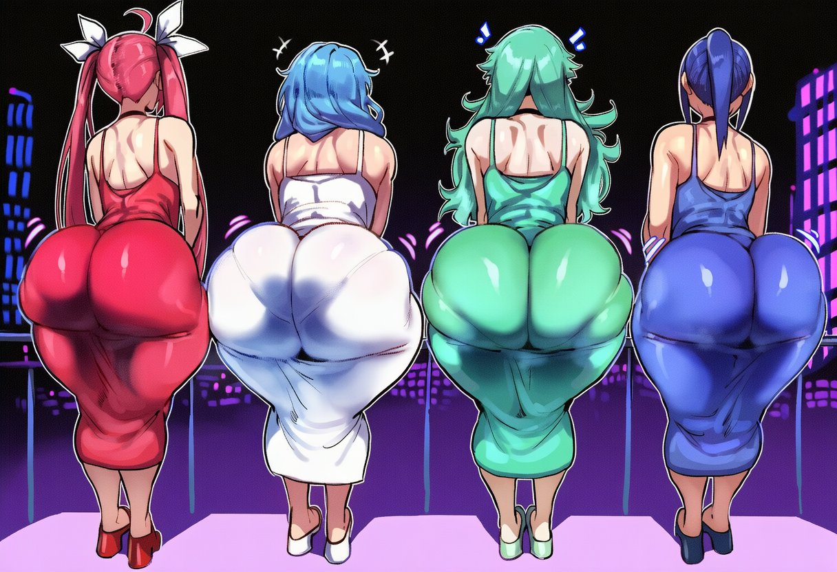 ai generated, ass chart, big ass, blue hair, date a live, female, female only, heels, himekawa yoshino, ishimo, itsuka kotori, kyouno natsumi, red hair, takamiya mana, take your pick, thick ass, thick hips, thick thighs, tight dress