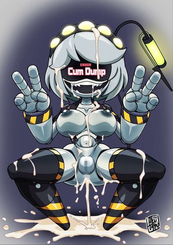 1girls, breasts, covered in cum, cum, cum dump, cum in mouth, cum in pussy, cum on female, female focus, female only, grey hair, mouth open, murder drones, peace sign, smiling, tail, v (murder drones)