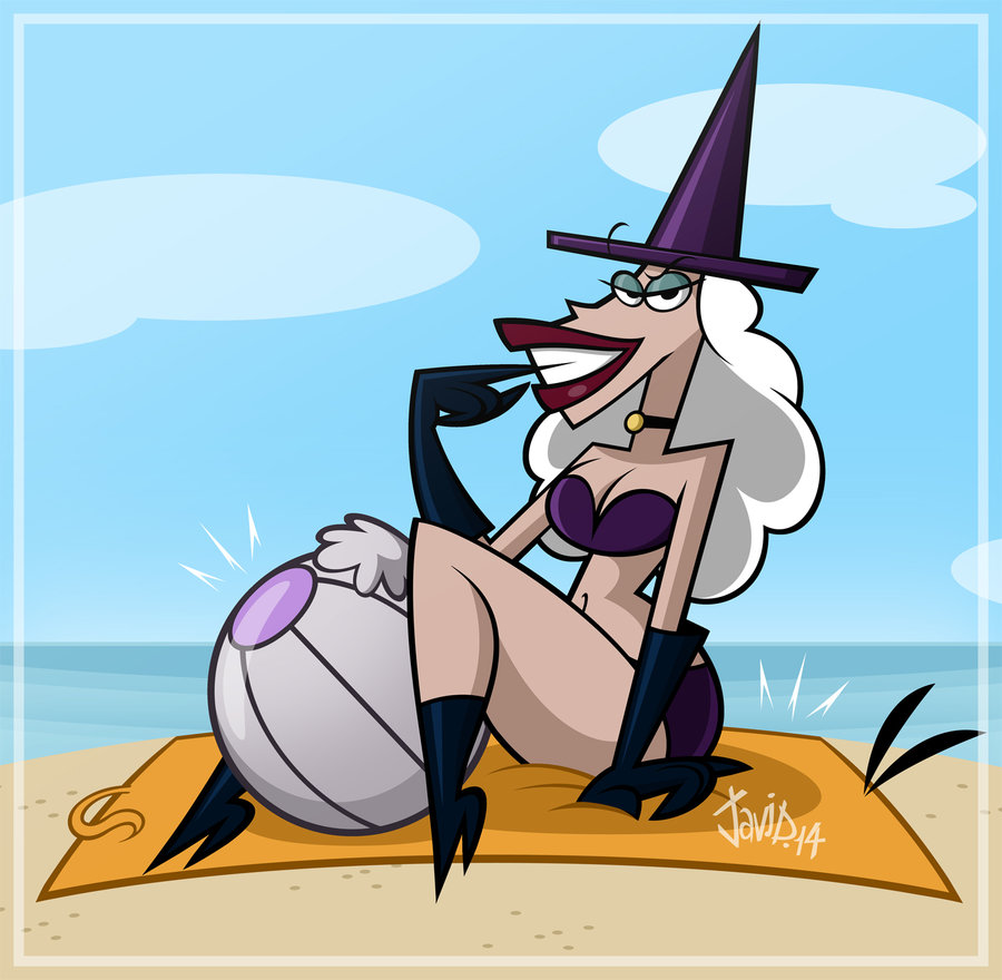 1girls 2_stupid_dogs ass beach beach_ball beach_towel bikini breasts choker cleavage female hanna-barbera javidluffy smiling solo witch_(2_stupid_dogs)