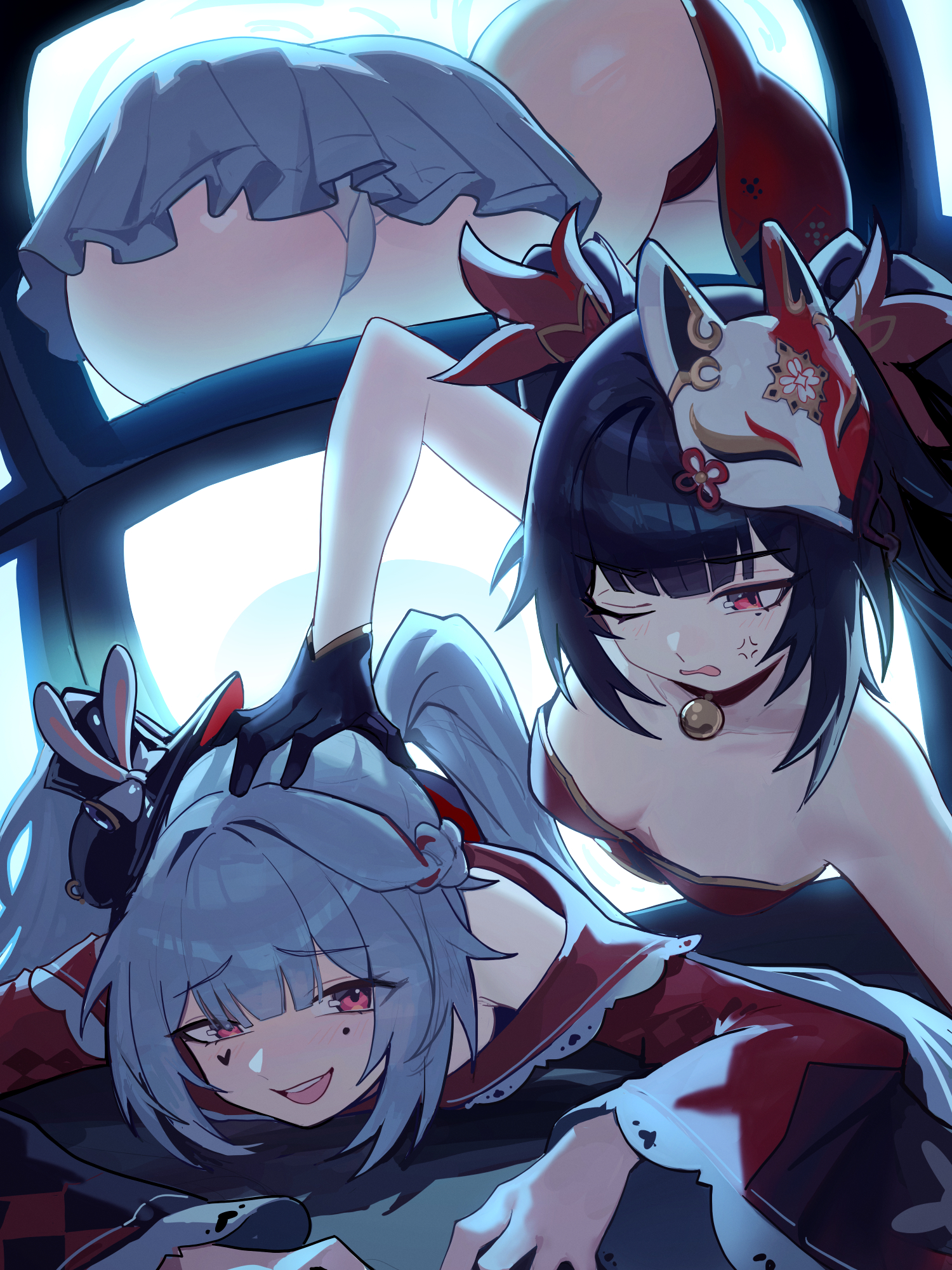 2girls, anger symbol, angry, ass, big ass, black hair, blush, brat, clothed, clothing, collar, distr, fully clothed, glistening ass, hair ornament, hand on ass, hat, heart marking, honkai: star rail, mask on head, mole under eye, ninra, on floor, one eye closed, panties, red panties, shiny ass, smile, smiling, smug, sparkle (honkai: star rail), sparxie (honkai: star rail), tagme, television, twintails, white hair, white panties