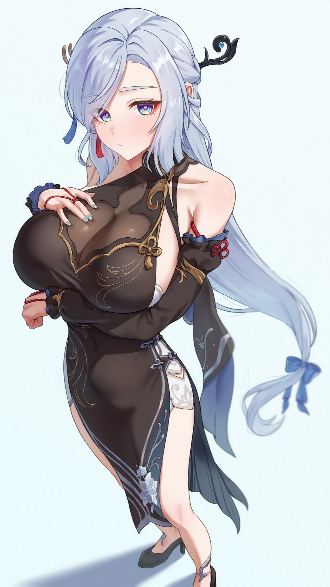 arm under breasts, black dress, black footwear, black sleeves, blue eyes, breasts, china dress, chinese clothes, cleavage, closed mouth, commentary request, detached sleeves, dress, female, female only, genshin impact, hand on own chest, highres, kadokadokado, long hair, looking at viewer, official alternate costume, official alternate hairstyle, pelvic curtain, see-through cleavage, see-through clothes, shenhe (frostflower dew) (genshin impact), shenhe (genshin impact), sideless dress, simple background, sleeveless, sleeveless dress, solo, standing, very long hair, white background, white hair