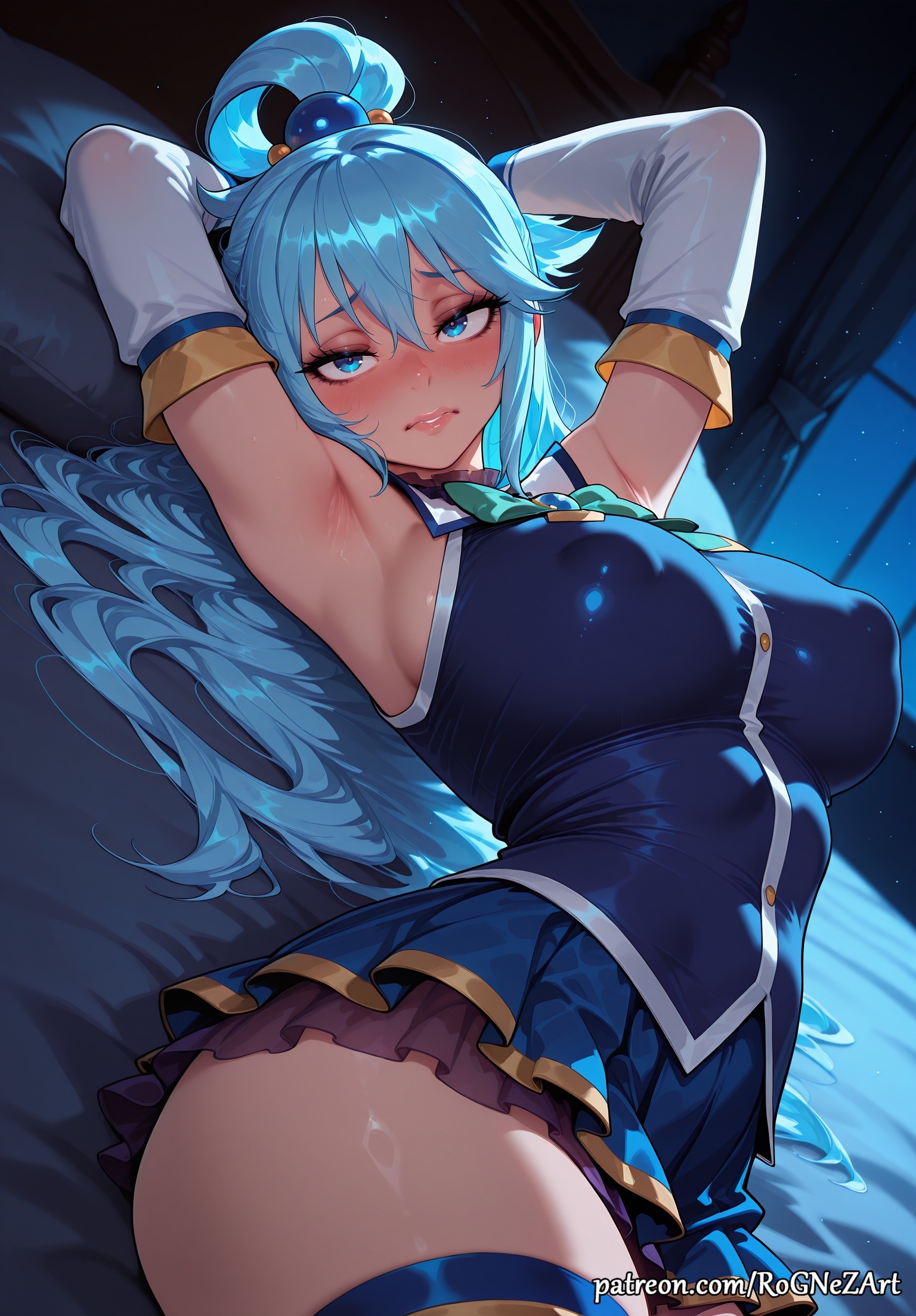 2026, ai generated, anime, aqua, aqua (konosuba), armpits, arms behind head, arms up, bangs, bare shoulders, bed, biting lip, blue eyes, blue hair, blue shirt, blue skirt, blush, breasts, cleavage, covered nipples, crossover, curtains, detached sleeves, eye contact, female, female focus, female only, flushed, hair accessory, hair between eyes, hair ornament, hair rings, highres, huge breasts, indoors, inside, kono subarashii sekai ni shukufuku wo!, konosuba, large breasts, lips, long hair, looking at viewer, lying, miniskirt, night, nsfw, on back, on bed, parted lips, patreon, patreon username, pillow, rognezart, shirt, skirt, solo, thick thighs, thighhighs, thighs, very long hair, web address, window