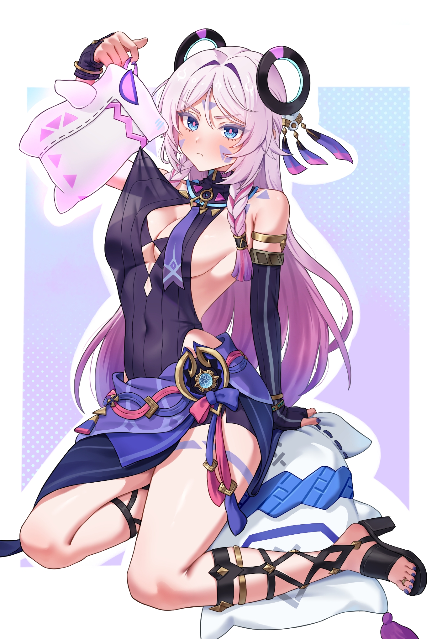 black gloves, black leotard, black sandals, blue eyes, blush, breasts, citlali (genshin impact), clothes pull, colored tips, covered navel, facial mark, female, female only, fingerless gloves, floating headgear, forehead mark, genshin impact, gladiator sandals, gloves, headgear, highres, kadokadokado, leotard, medium breasts, multicolored hair, pink hair, pink pupils, pout, purple sarong, ring hair ornament, sandals, sarong, sideboob, sitting, sleeve belt, solo, triangle, triangle facial mark, yokozuwari