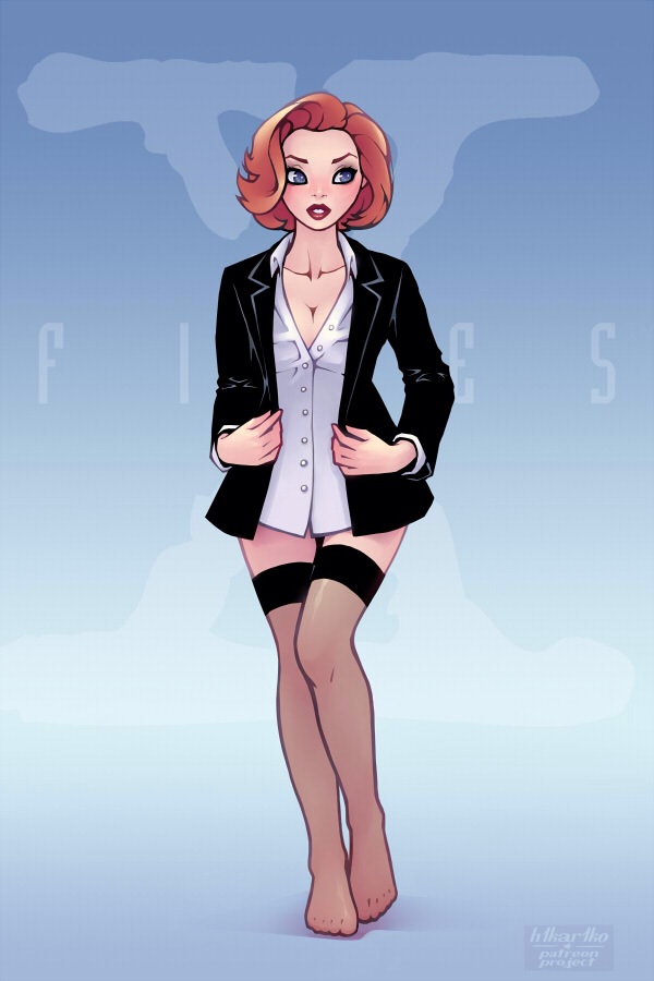 black_stockings blouse blush bottomless business_suit business_woman cleavage dana_scully dress_shirt female h1kar1ko legwear office_lady red_hair redhead solo stockings suit white_blouse white_shirt x-files