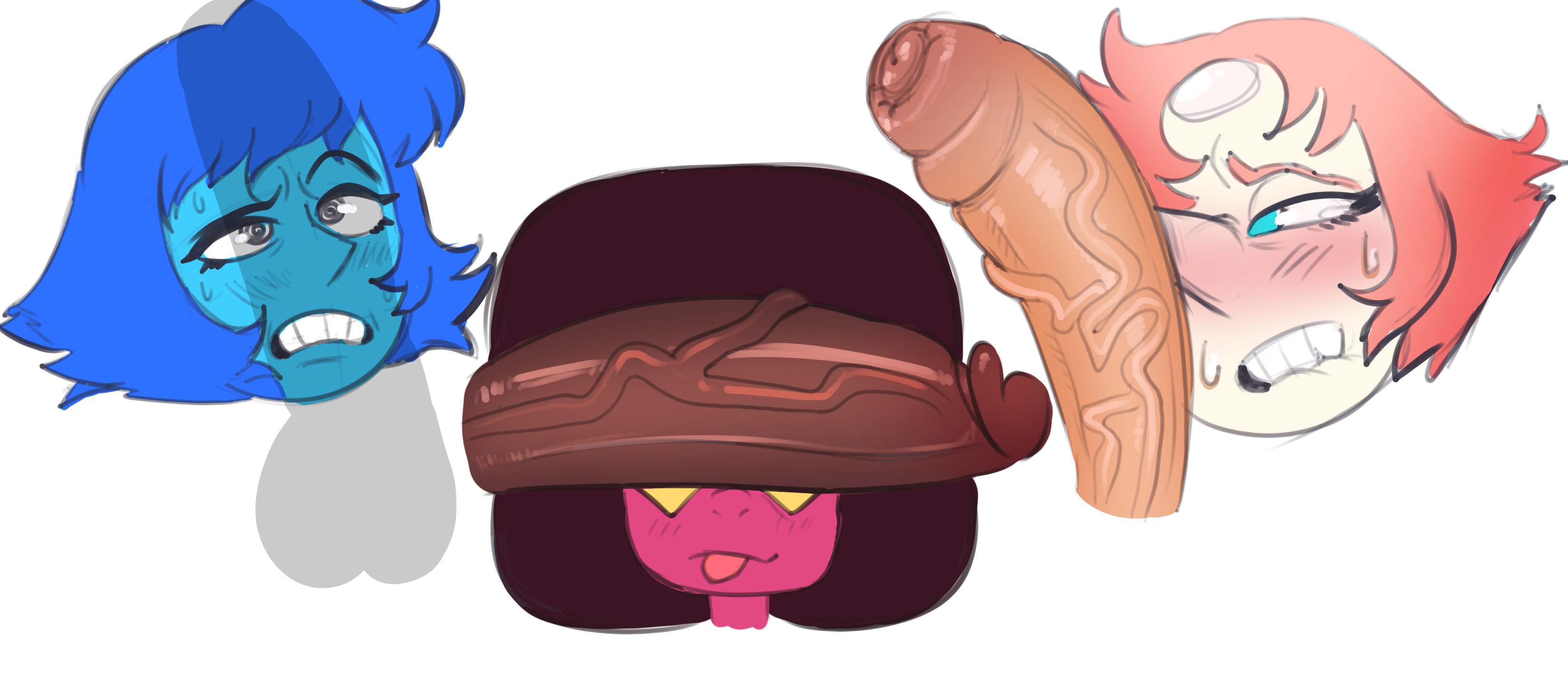 blushing, cock awe, cock worship, disembodied penis, garnet (steven universe), lapis lazuli (steven universe), lemonsqueeze, pearl (steven universe), penis awe, penis on face, steven universe