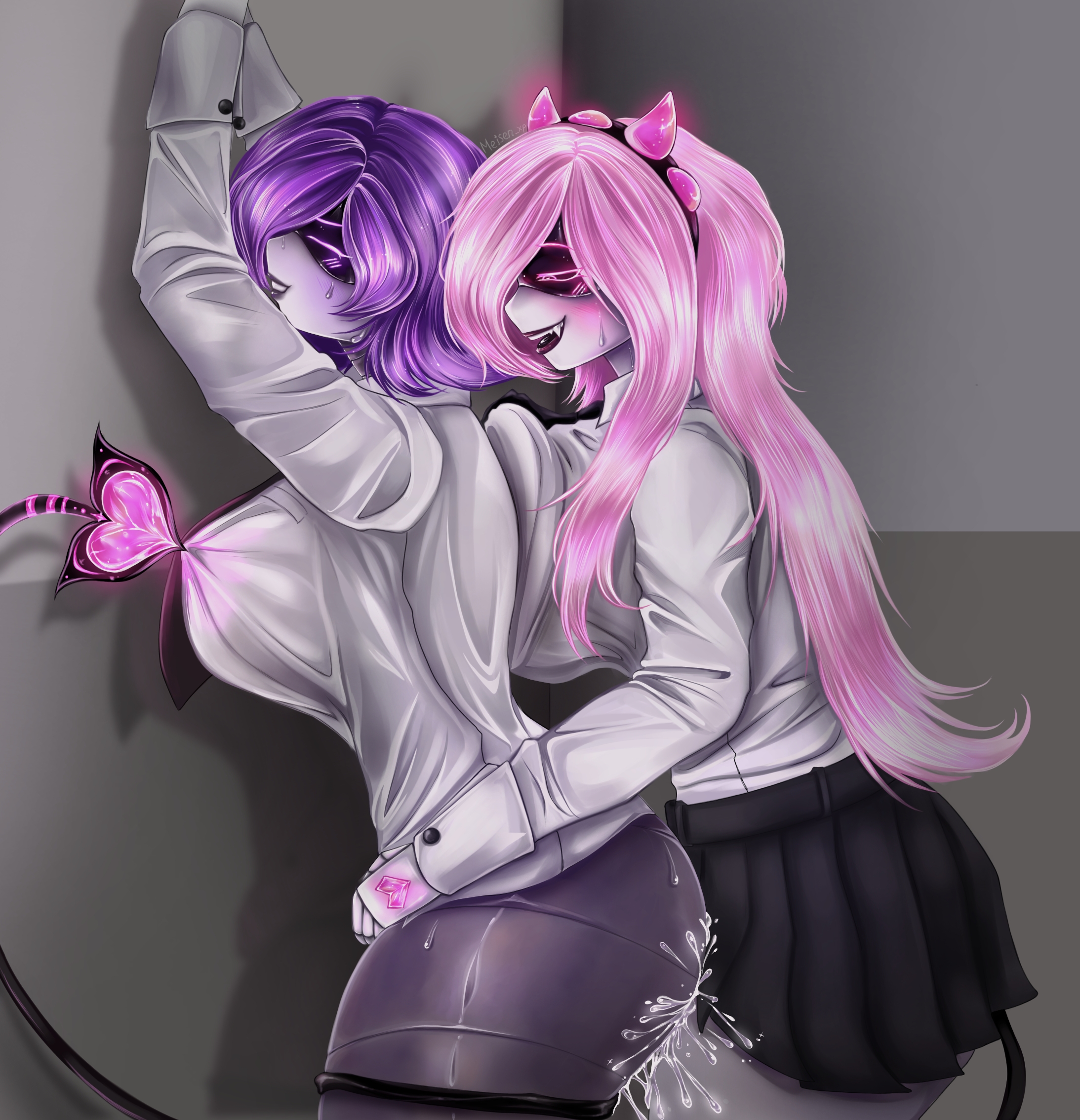 big ass, big breasts, cum, duo, ejaculation, futa on female, futadom, futanari, large breasts, long pink hair, meisen xp, miniskirt, murder drone, murder drones, oc, oc x canon, ocxcanon, panties down, pink eyes, pink hair, pinned to wall, public sex, purple eyes, purple hair, robot, robot futa, school, school girls, school sex, school uniform, schoolgirl, sex, shirt, short skirt, sticky cum, succubus, succubus horns, succubus tail, tight clothing, tight shirt, uniform, uzi (murder drones), uzi doorman, wet, worker drone