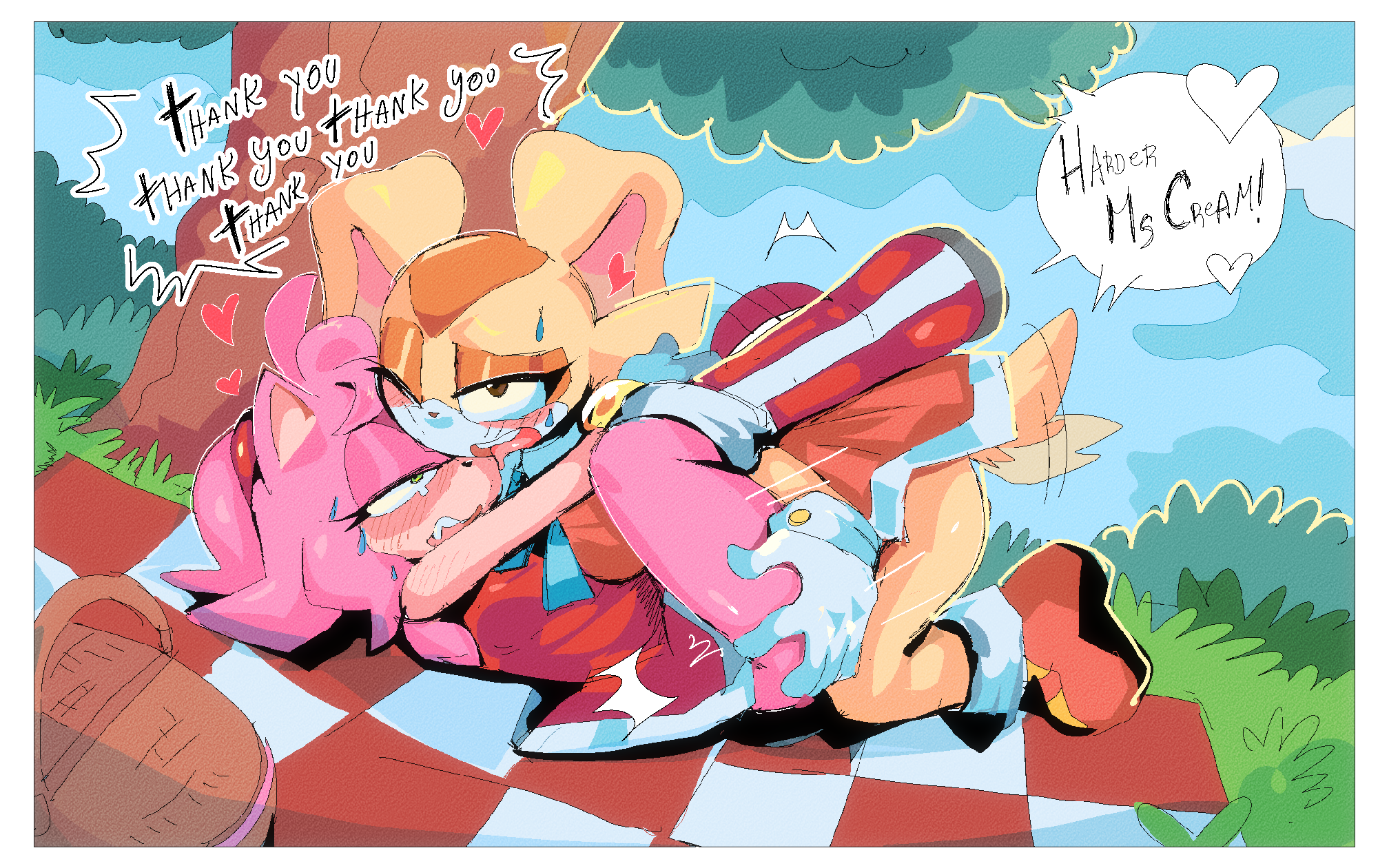 1futa, 1girls, 2anthro, aged up, amy rose, anonymous artist, anthro, anthro on anthro, boots, brown eyes, bunny ears, bush, clothed sex, clothing, cream fur, cream the rabbit, dialogue, dialogue bubble, dress, ear, female, furry, furry only, futa on female, futanari, gloves, green eyes, groping ass, hairband, half-closed eyes, hand on another's ass, hand on ass, hedgehog, implied futa, lagomorph, lesbian, lesbian sex, looking at anothe, loving couple, loving it, loving sex, mating, missionary position, orange dress, picnic, picnic basket, pink quills, rabbit, red boots, red dress, red hairband, ribbon, sega, sex, shoes, sonic (series), sonic the hedgehog (series), sweat, tail wagging, trans woman (lore), tree, vaginal penetration, white gloves, yuri