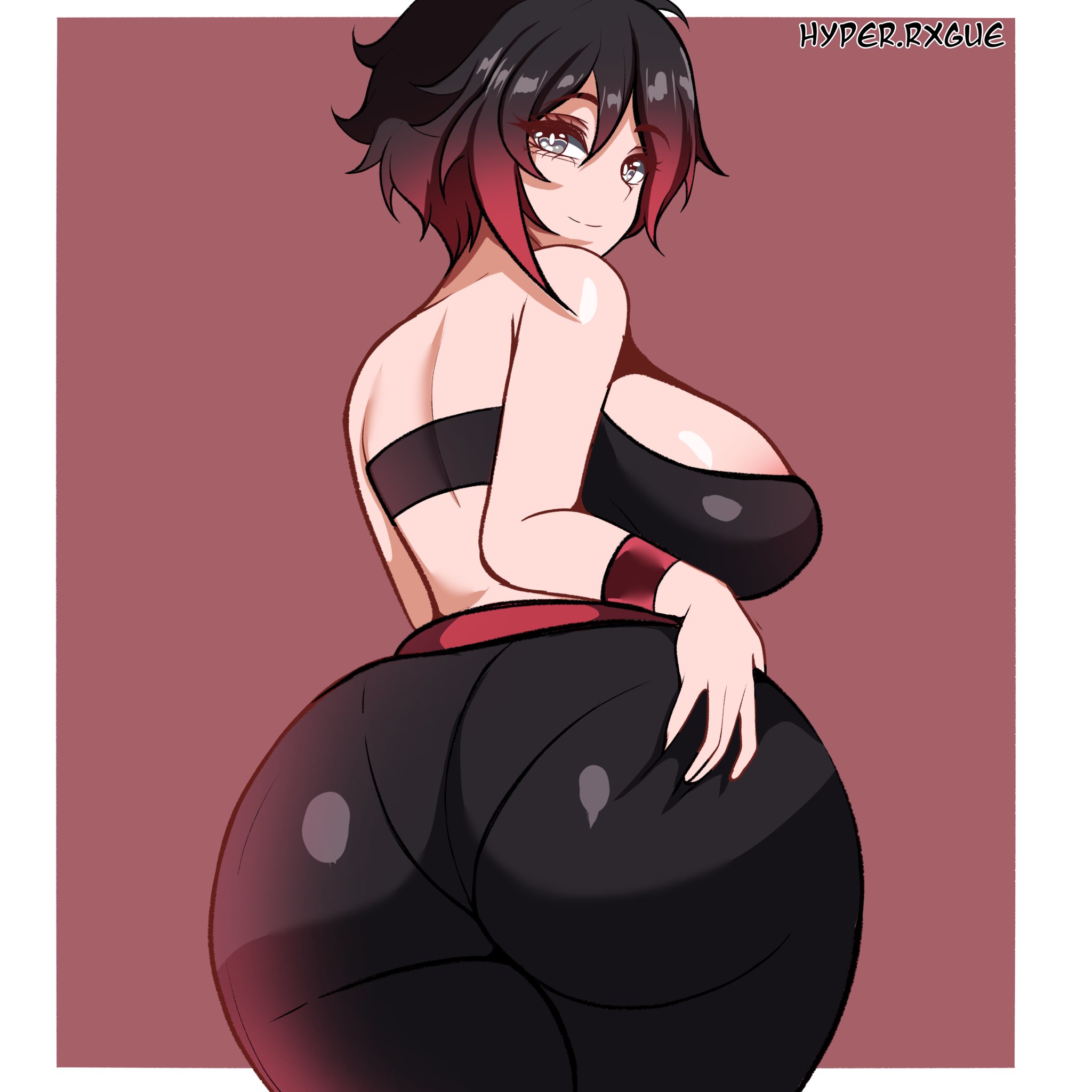 1girls, ass, ass focus, big ass, big breasts, bottom heavy, breasts, bubble butt, busty, clothing, crop top, fat ass, female, female only, gluteal fold, huge ass, hyperrxgue, large ass, large breasts, light-skinned female, looking at viewer, looking back, massive ass, pants, pantylines, ruby rose, rwby, short hair, solo, sports bra, thick ass, thick thighs, thunder thighs, underwear outline, wide hips, yoga pants
