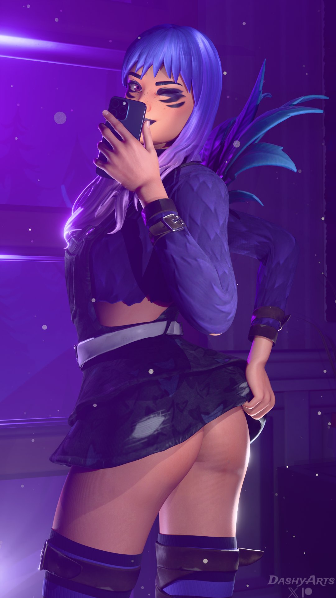 ;), 1080p, 1080x1920, 1920x1080, 1girls, 2026, 3d, 3d (artwork), alternate version available, ass, ass peek, blender, clothed, clothing, dashyarts, epic games, female, female focus, female only, fortnite, fortnite: battle royale, freckles, freckles on face, holding object, holding phone, light skin, light-skinned female, long hair, looking at viewer, miniskirt, mirror, mirror selfie, one eye closed, petite, petite body, petite female, phone, presenting, presenting ass, purple hair, raven team syd, selfie, selfie pose, short skirt, skirt, slim waist, standing, stockings, syd (fortnite), thigh highs, thighhighs, watermark, wink, winking, winking at viewer