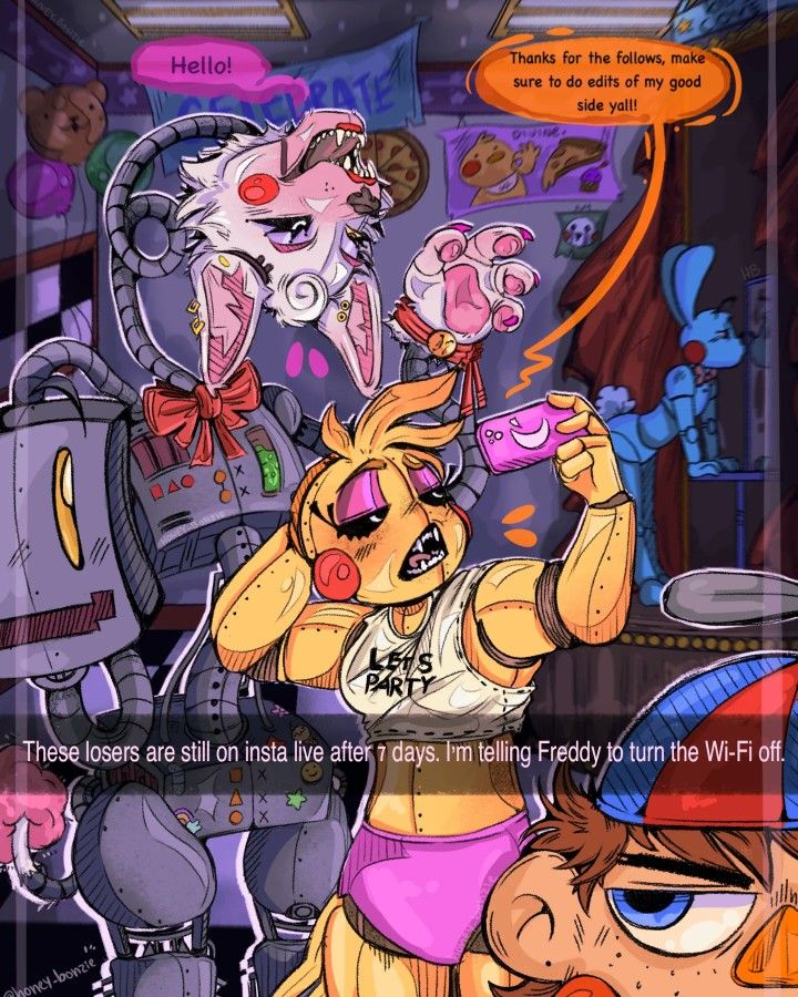 2 heads, balloon boy (fnaf), blue eyes, dialogue, exposed endoskeleton, female, five nights at freddy's, instagram, mangle (fnaf), pink panties, smartphone, tagme, toy bonnie (fnaf), toy chica (fnaf)