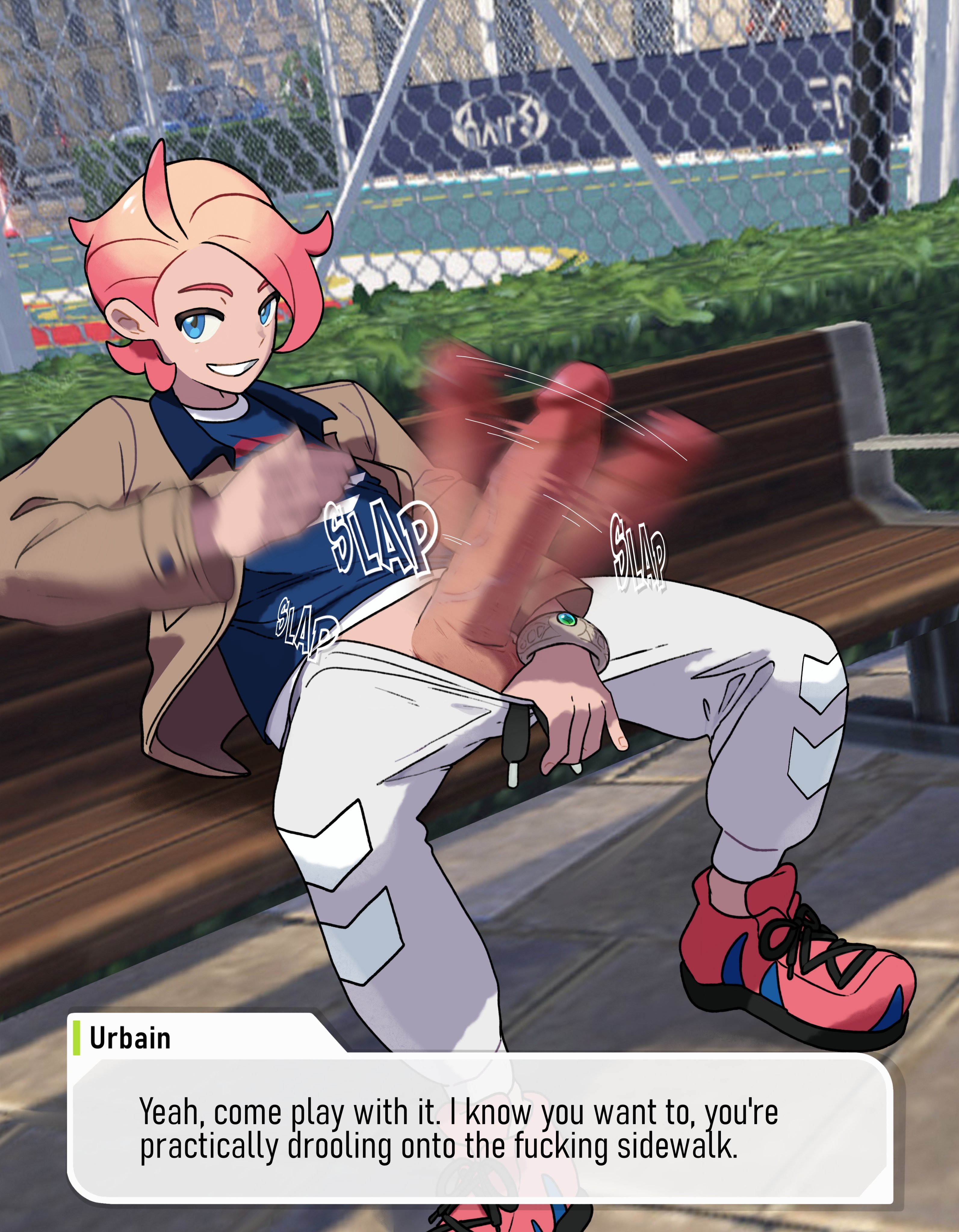 1boy, balls, clothed, cocky, dialogue, erection, flashing penis, gai (pokemon), gay, gay male, huge cock, large penis, looking at viewer, male, male only, nathanpink, pants down, penis, pokemon, pokemon legends: z-a, sitting, skinny, smile, smiling at viewer, smirk, smirking at viewer, solo, solo male, spread legs, testicles, text, thick penis, urbain (pokemon), yaoi, young