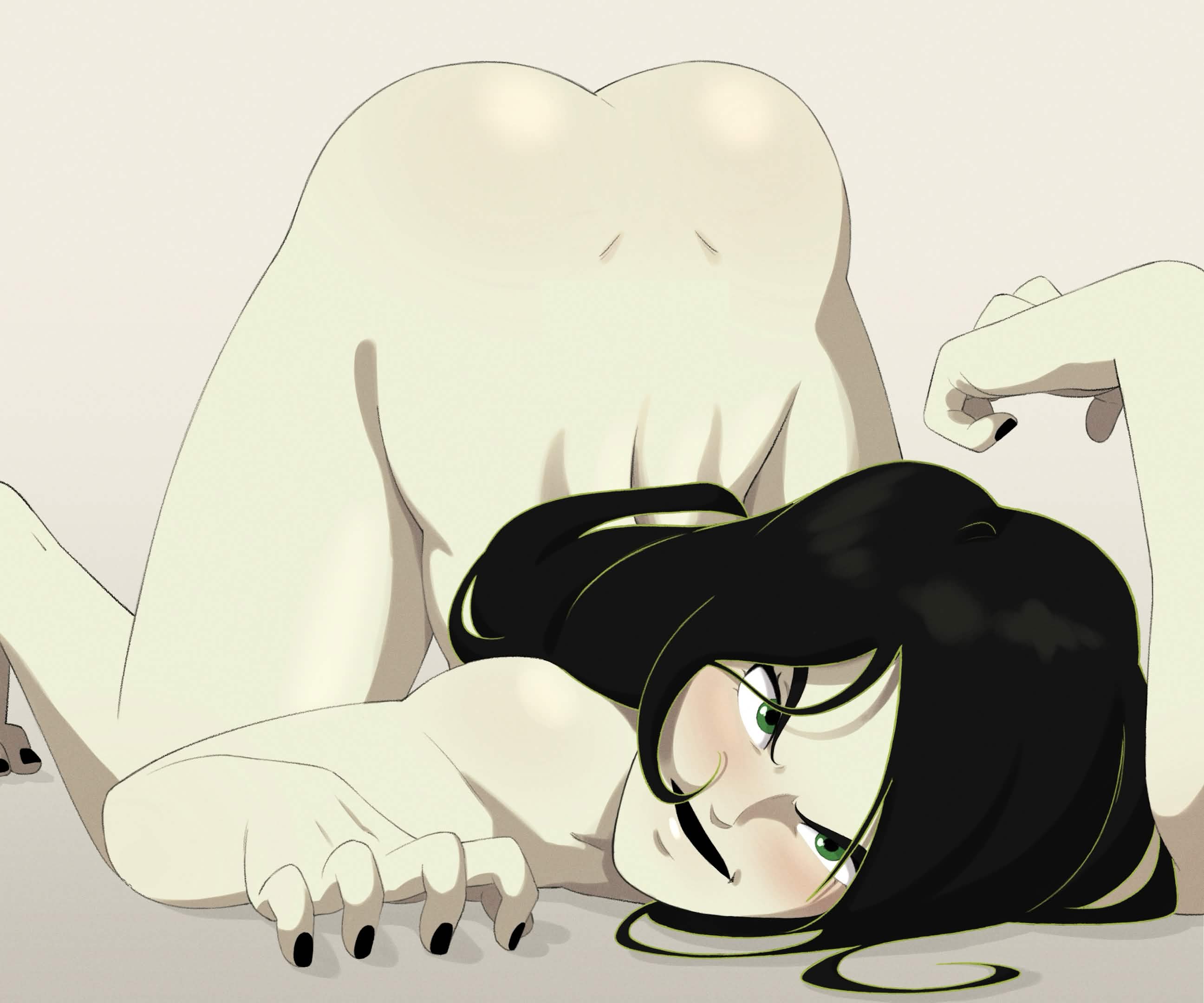 ass, ass up, black hair, blush, green eyes, green skin, kim possible, looking at viewer, looking up, pinksaber, pinned down, presenting, presenting ass, shego, solo, submissive female, waiting for sex