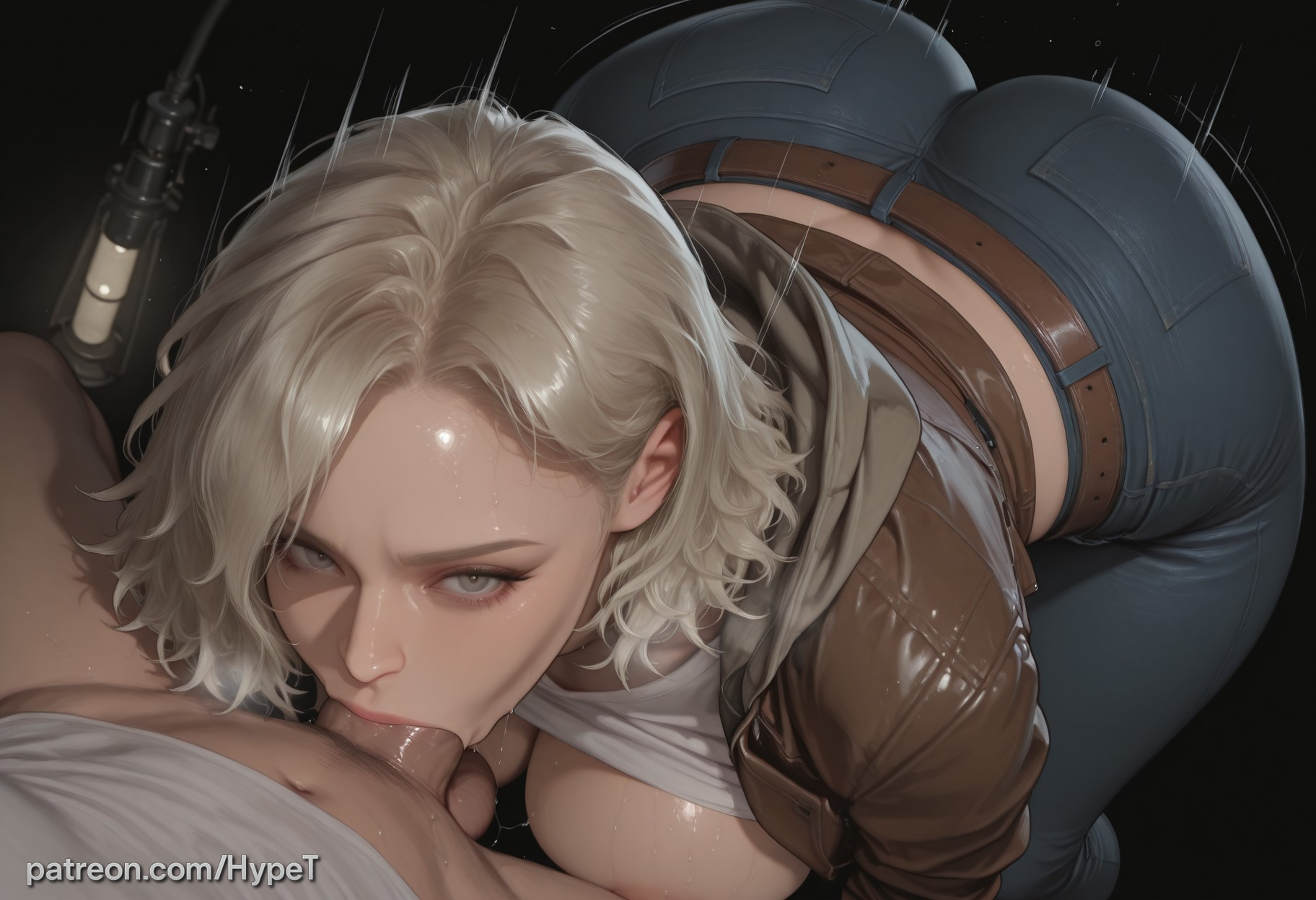 1boy, 1girls, ai generated, alternate version at source, big ass, big butt, blonde hair, breasts, breasts out, dark background, deepthroat, fellatio, female, from above, grace ashcroft, grace ashcroft (julia pratt), hypet, jacket, jeans, motion lines, nipples, oral, pov, resident evil, resident evil 9: requiem, sex, shiny skin, shirt up, short hair, simple background, steam, steaming body, sweat, tagme, thick, thick legs, thick thighs, thighs, tight clothing, white top, wide hips