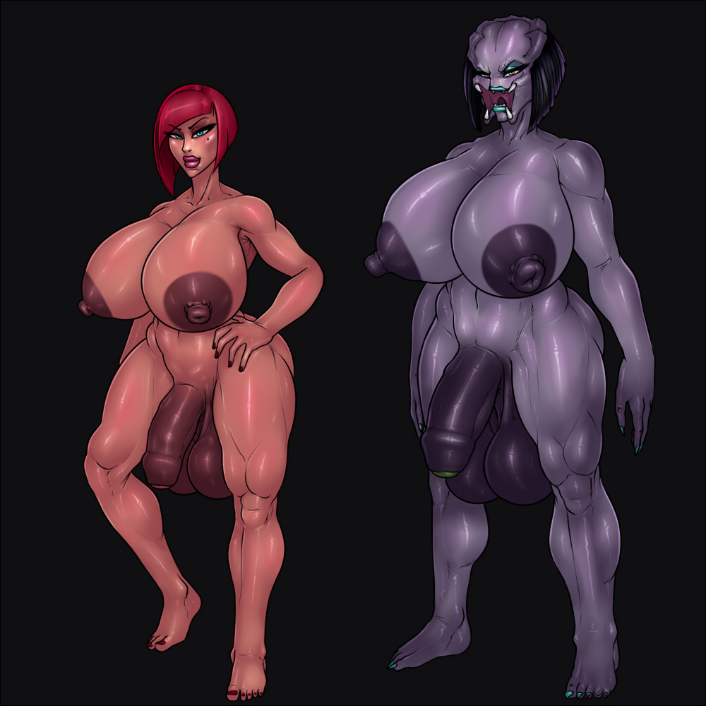 1:1, 2futas, alien, alien futa, balls, barefoot, big areola, bimbo, bob cut, breasts, carmen hardon (rampage0118), dickgirl, eyeshadow, foreskin, full length, full-length portrait, futa only, futanari, half-erect, huge balls, huge breasts, huge cock, human, hyper balls, hyper breasts, hyper penis, intersex, interspecies, lipstick, makeup, muscles, muscular, muscular futa, original character, original characters, penis, portrait, predator (franchise), purple body, rampage0118, standing, stimia (rampage0118), teal lipstick, testicles, thick thighs, uncensored, uncircumcised, yautja