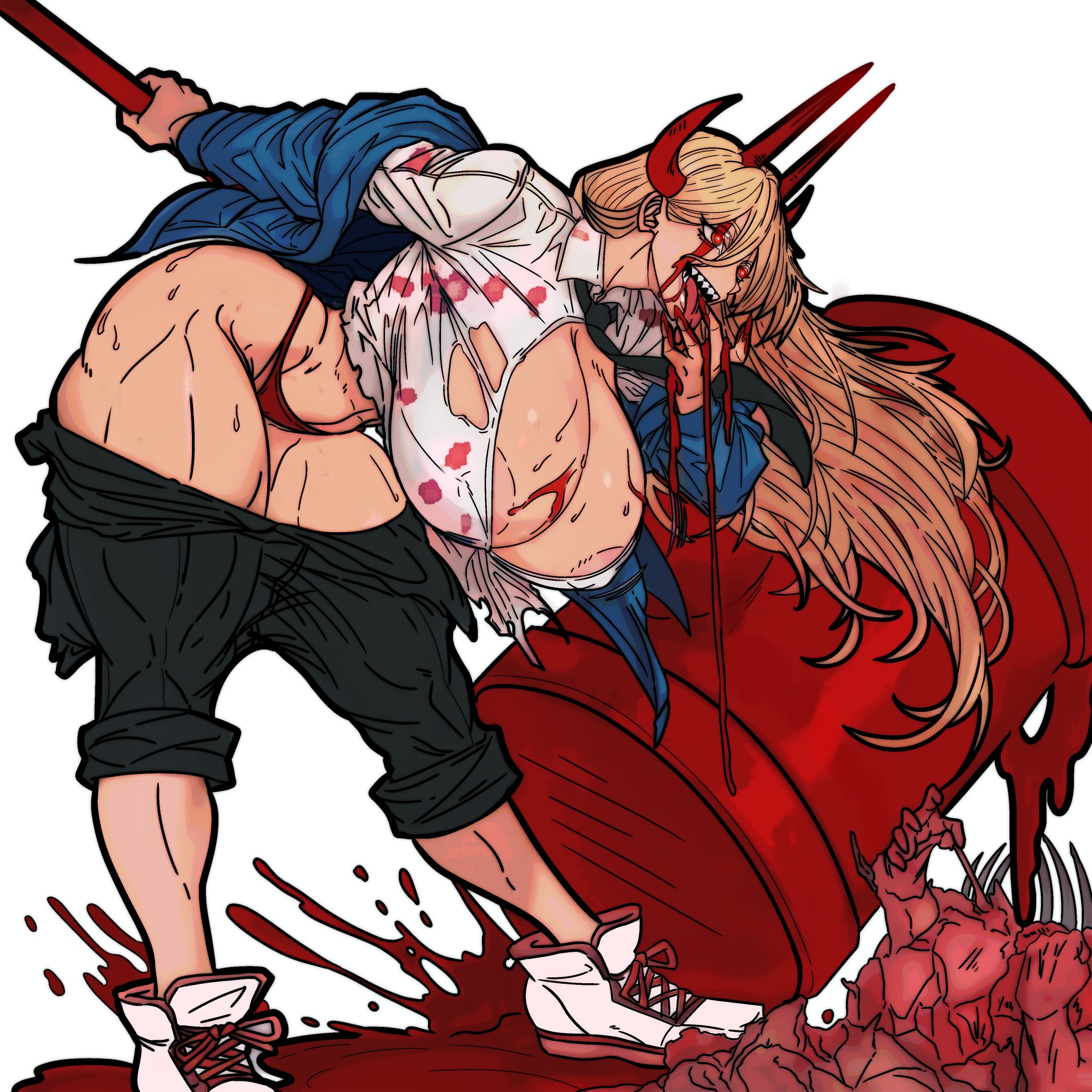 1girls, 2026, areola, areola slip, areolae, areolae slip, areolae visible through clothing, ass, big areola, big areolae, big ass, big breasts, big butt, big thighs, blonde female, blonde hair, blood, blood on breasts, blood on face, blood on mouth, bottomwear, breasts, breasts bigger than head, butt, chainsaw man, clothed, clothed female, clothing, death, demon, demon girl, demon horns, digital media (artwork), female, footwear, glowing eyes, gore, guro, hammer, hi res, hips, horn, horns, huge areola, huge areolae, huge ass, huge breasts, huge butt, huge thighs, hyper, hyper breasts, jacket, legwear, long hair, massive breasts, massive thighs, master dcj, mdcj77, melee weapon, muscular, muscular female, muscular thighs, nipples, nipples visible through clothing, no bra, panties, pants, power (chainsaw man), sharp nails, sharp teeth, shirt, simple background, smile, sneakers, solo, solo female, sparkling eyes, thick, thick ass, thick butt, thick hips, thick legs, thick thighs, thighhighs, thighs, tongue, tongue out, topwear, torn bodysuit, torn clothes, torn clothing, torn topwear, weapon, wide hips