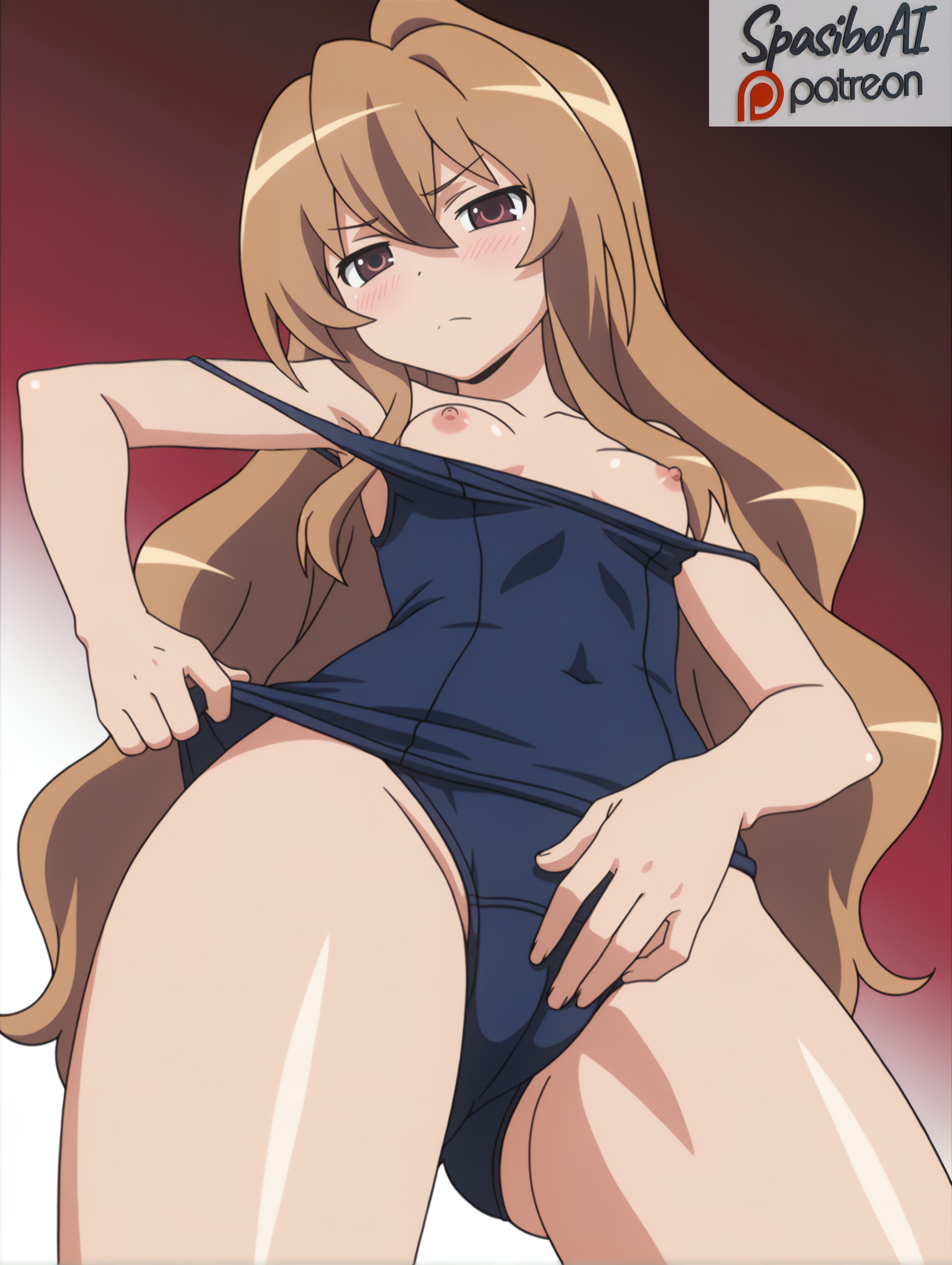 ai generated, aisaka taiga, ass visible through thighs, bare shoulders, blue one-piece swimsuit, blush, breasts, brown eyes, brown hair, cameltoe, closed mouth, clothes pull, collarbone, covered navel, cowboy shot, crotch, female, from below, frown, gradient background, hair between eyes, long hair, looking at viewer, looking down, nipples, old school swimsuit, one-piece swimsuit, one-piece swimsuit pull, pulled by self, red background, school swimsuit, simple background, small breasts, solo, spasibo15, standing, strap slip, swimsuit, taiga aisaka, thighs, toradora!, v-shaped eyebrows, very long hair, wavy hair