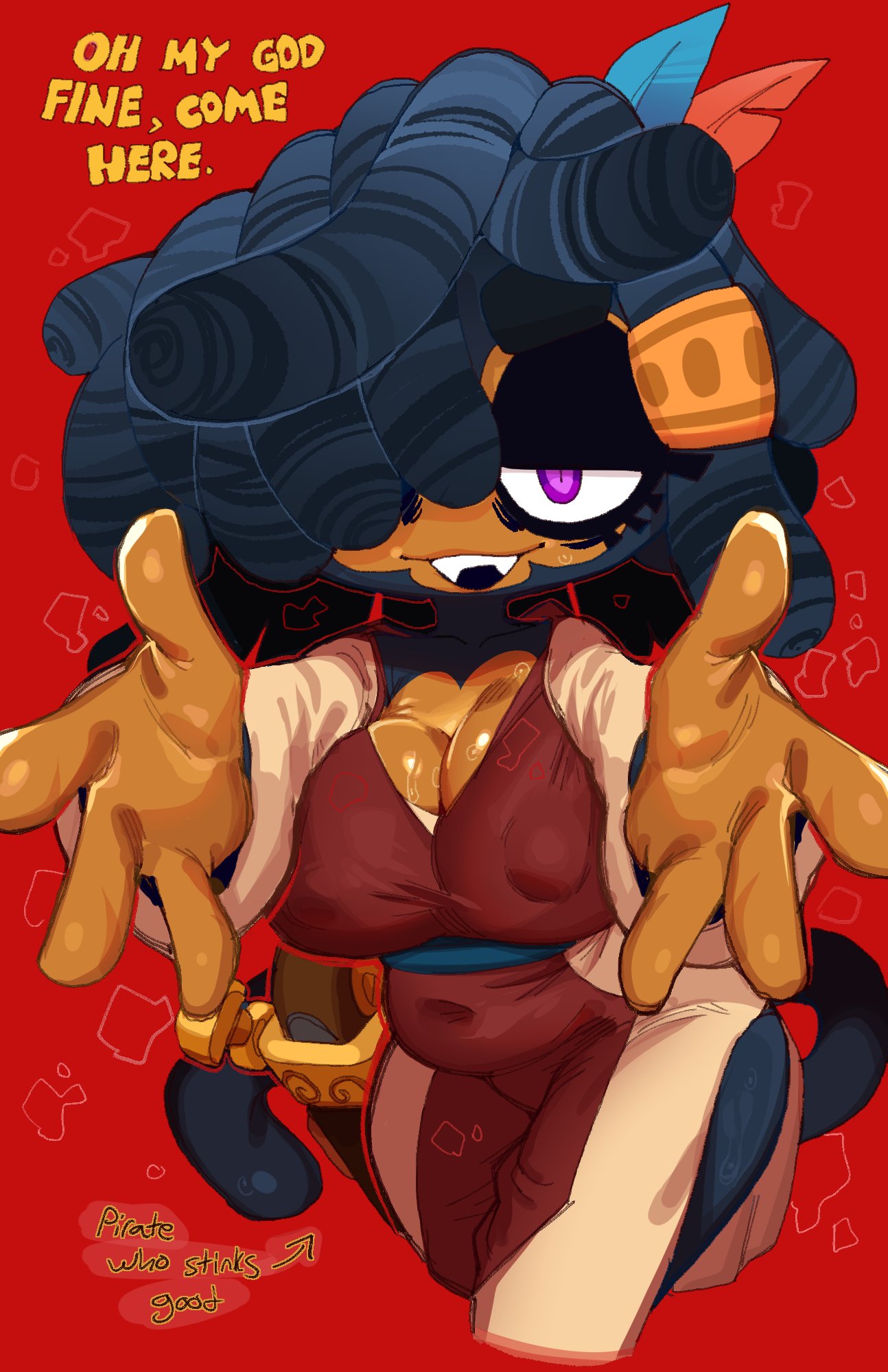 1girls, admiral brickell, bloons tower defense, cleavage, clothes, dialogue, dread pirate brickell, goatboydraws, hug, locs, monkey, monkey girl, pirate, solo, solo female, solo focus, stinky, sweat, talking to viewer