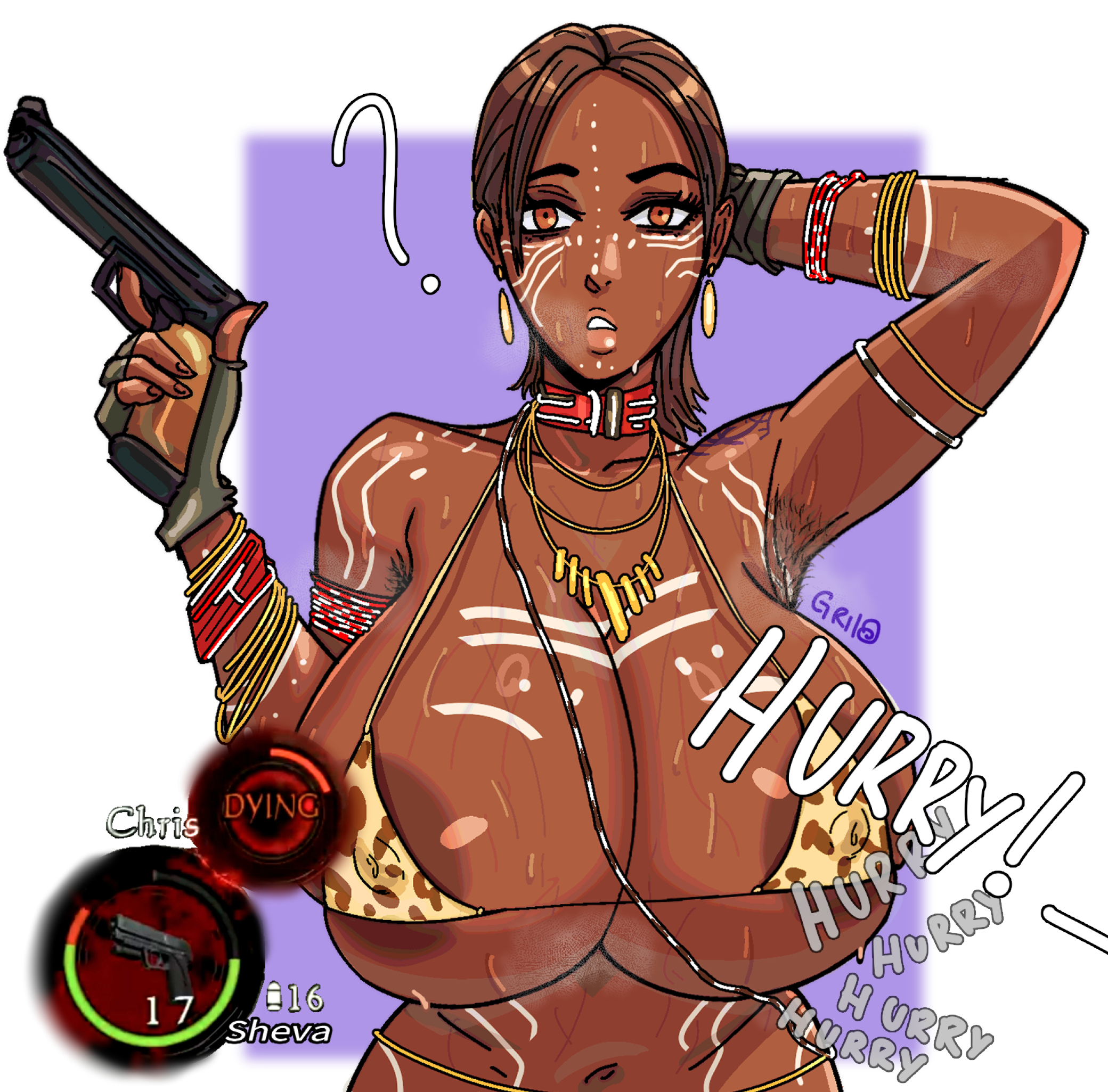 1girl, armpit, armpit hair, armpits, big breasts, confused, dark-skinned female, hairy armpits, heat, huge breasts, resident evil, resident evil 5, sheva alomar, sheva alomar (tribal), solidusgrilo, solo, steam, sweat, tan, tan body, tan skin