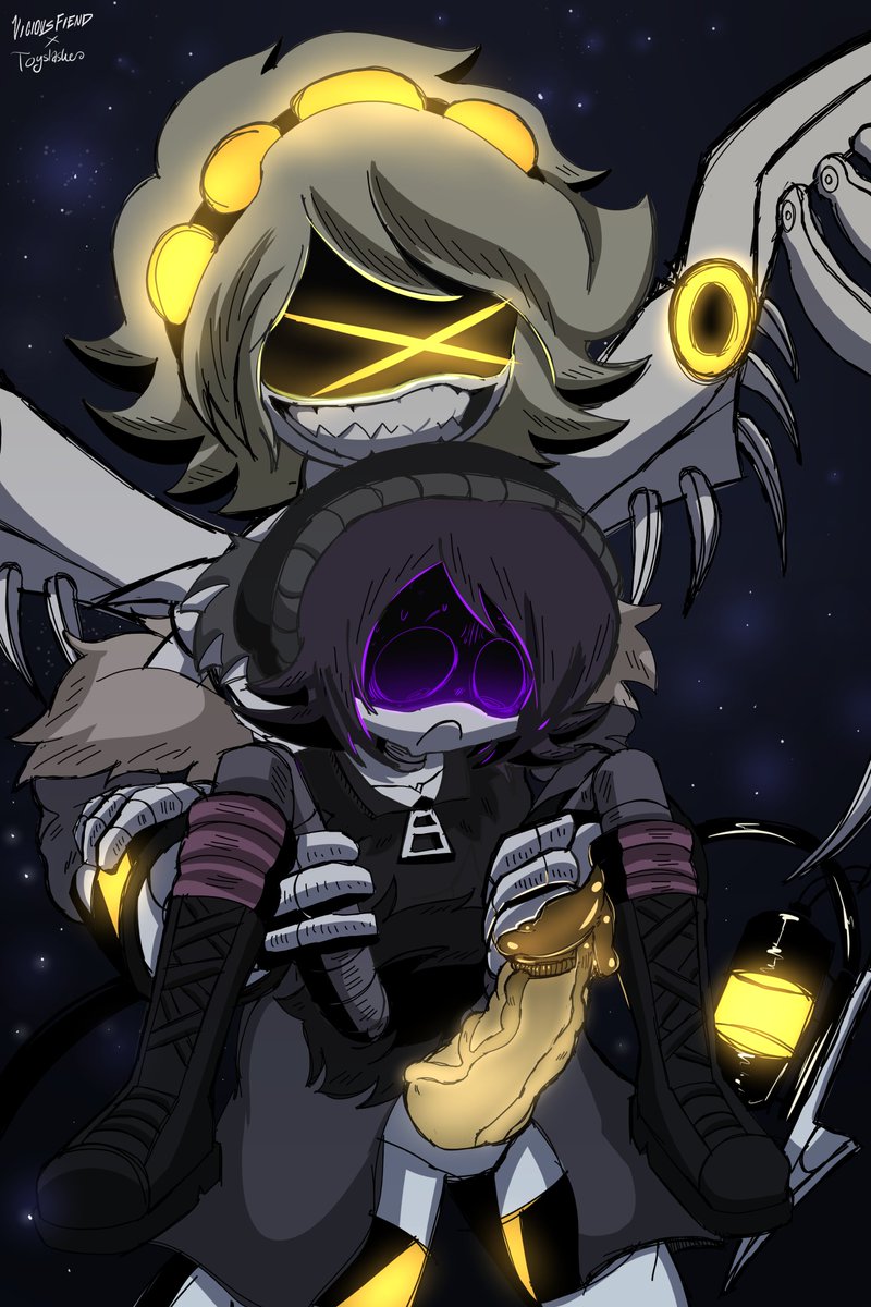 1boy, 1girls, big penis, male/female, murder drones, n (murder drones), night sky, purple eyes, purple hair, smaller female, tail, uzi (murder drones), vicious fiend, yellow cock