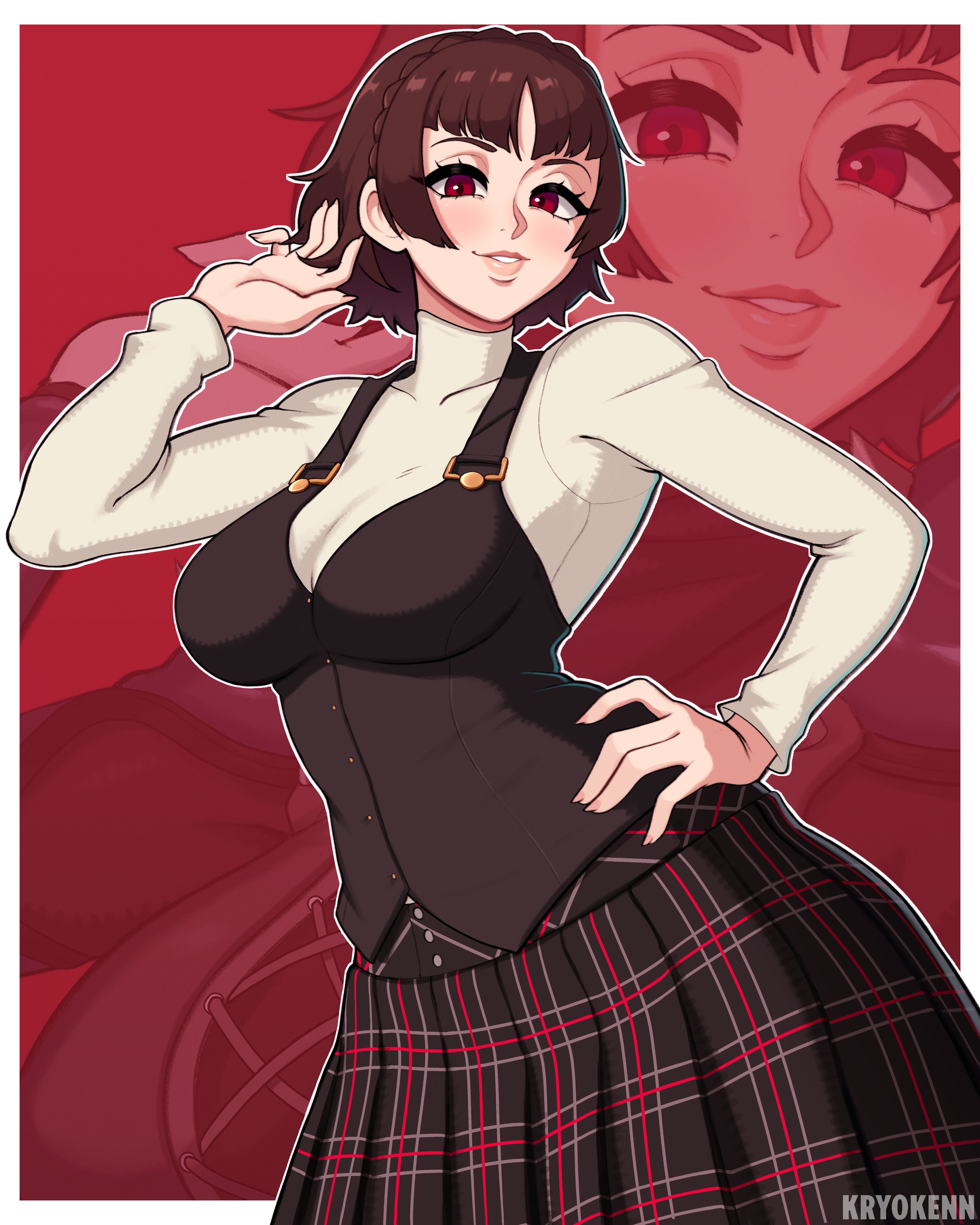 1girls, 2026, 2d, 2d (artwork), artist name, breasts, brown hair, clothed, clothed female, crown braid, female, female only, hand on hip, kryokenn, large breasts, light skin, light-skinned female, looking at viewer, magenta background, makoto niijima, persona, persona 5, plaid skirt, playing with hair, realistic breast size, red background, red eyes, school uniform, sfw, short hair, skirt, smile, smiling at viewer, solo, solo female, twirling hair, white border, zoom layer