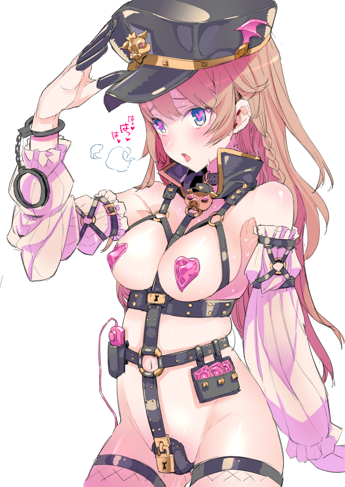 1girls blue_eyes bondage bondage_outfit braid breasts breath brown_hair chastity chastity_belt chastity_device condom cowboy_shot cuffs detached_sleeves female female_chastity female_only granblue_fantasy hair handcuffs harness hat headgear heart heart-shaped_pupils lecia_(granblue_fantasy) long_hair medium_breasts pasties peaked_cap solo star star-shaped_pupils symbol-shaped_pupils tajima_ryuushi thighhighs tied_hair torogao vibrator