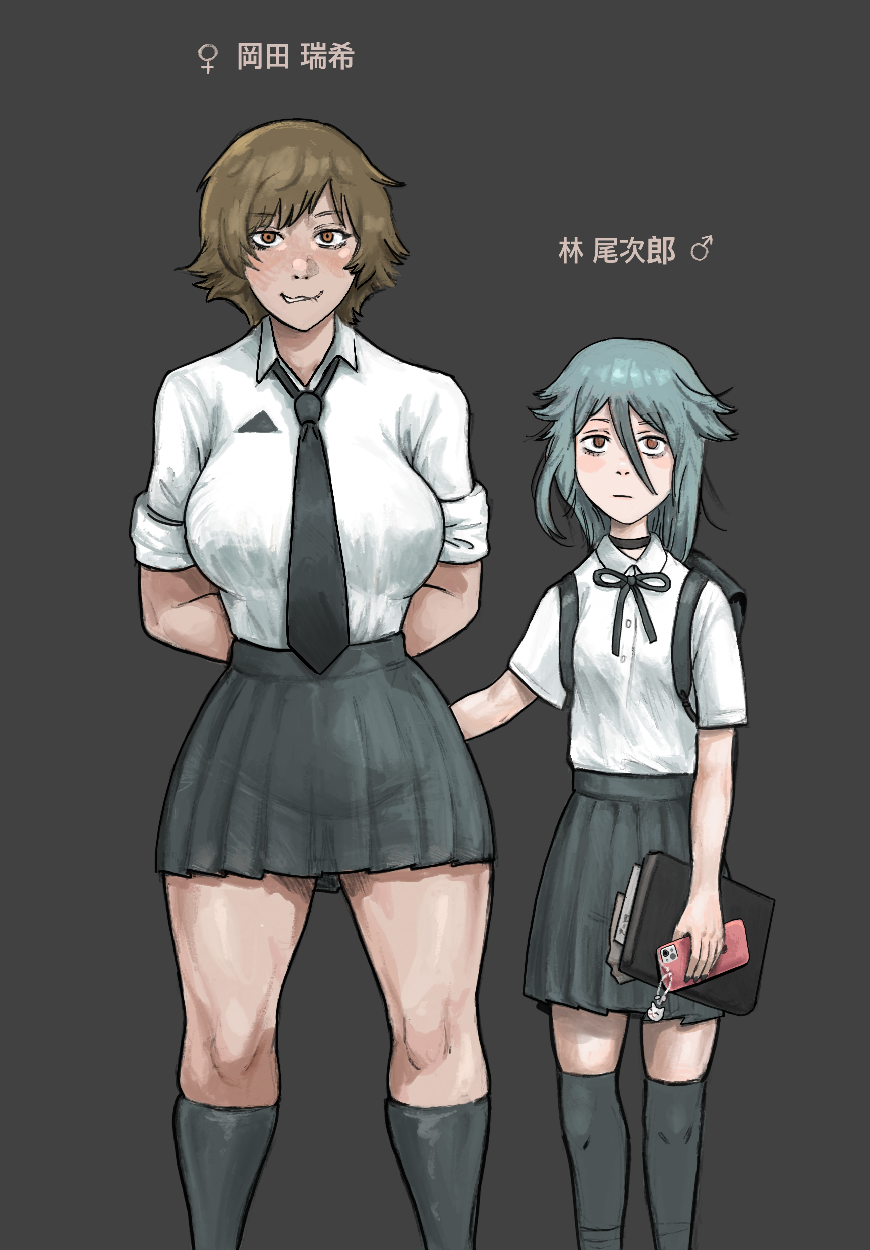 1boy, 1girls, akinori8, ass grab, ass grope, bigger female, blue hair, female, femboy, feminine male, grope, groping, groping ass, groping from behind, height difference, light-skinned female, long hair male, male, safe for work, school uniform, short hair female, tomboy, trap