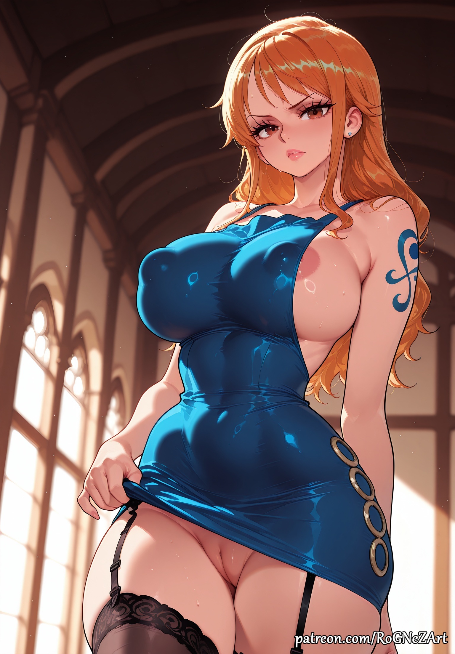 1girls, 2026, ai generated, anime, areola slip, arm tattoo, bangs, bare shoulders, black thighhighs, blue dress, blue tattoo, blush, breasts, brown eyes, cleavage, cleft of venus, clothes lift, collarbone, commando, covered navel, covered nipples, crossover, dress, dress lift, earrings, explicit, eye contact, female, female focus, female only, flushed, garter straps, highres, huge breasts, indoors, inside, jewelry, large breasts, lifted by self, lips, long hair, looking at viewer, nami (one piece), nipple bulge, nipple slip, nipples visible through clothing, no panties, nsfw, one piece, orange eyes, orange hair, orange-haired female, parted lips, patreon, patreon username, pussy, rognezart, short dress, shoulder tattoo, solo, spread pussy, sweat, sweaty, tattoo, thick thighs, thighhighs, thighs, uncensored, very long hair, web address