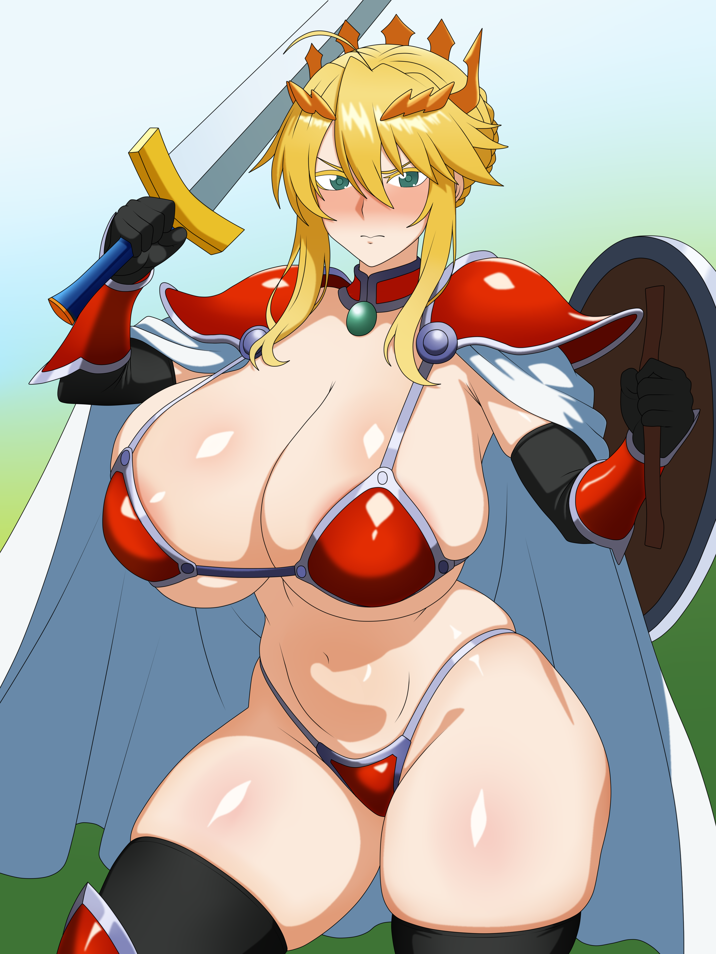 1girls, absurd res, armor, artoria pendragon, artoria pendragon (lancer), big breasts, bikini armor, blonde hair, blush, breasts, cape, cleavage, cosplay, crown, dragon quest, dragon quest iii, elizabeth bathory (brave) (fate) (cosplay), fate (series), fate/grand order, female, female only, green eyes, headwear, holding object, holding weapon, huge breasts, light-skinned female, pelvic curtain, revealing armor, revealing clothes, shield, shoulder pads, skimpy, skimpy armor, skimpy clothes, soldier (dq3) (cosplay), solo, solo female, sword, tsubasadraw, weapon