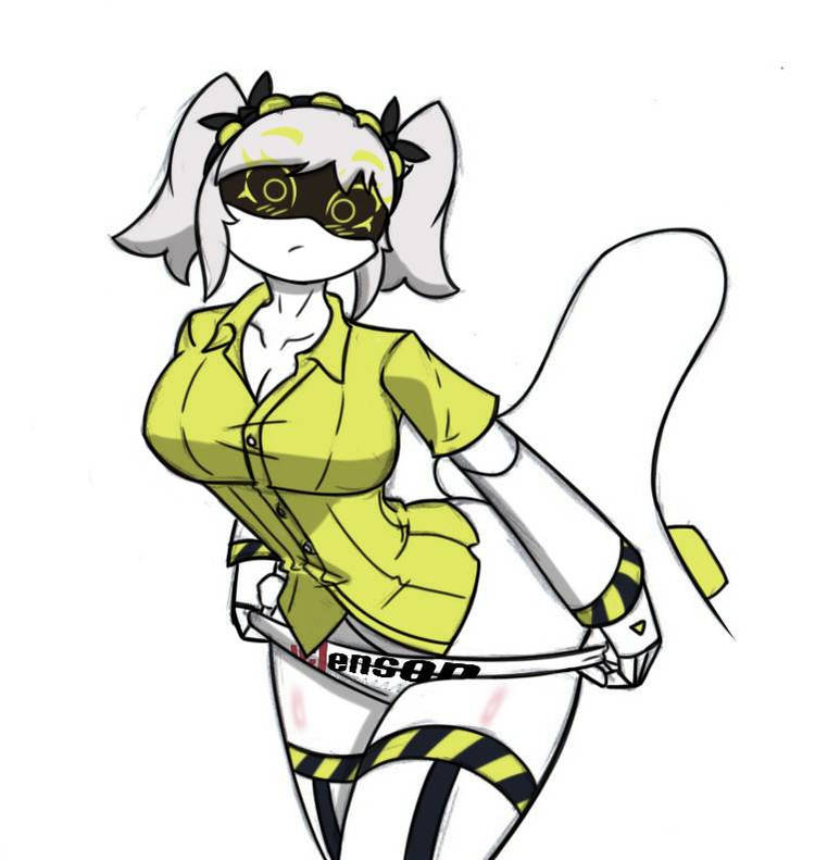 1girls, female focus, female only, grey hair, j (murder drones), looking at viewer, murder drones, pace-maker, tail, taking off panties, thick thighs, underwear, white background, yellow eyes, yellow shirt