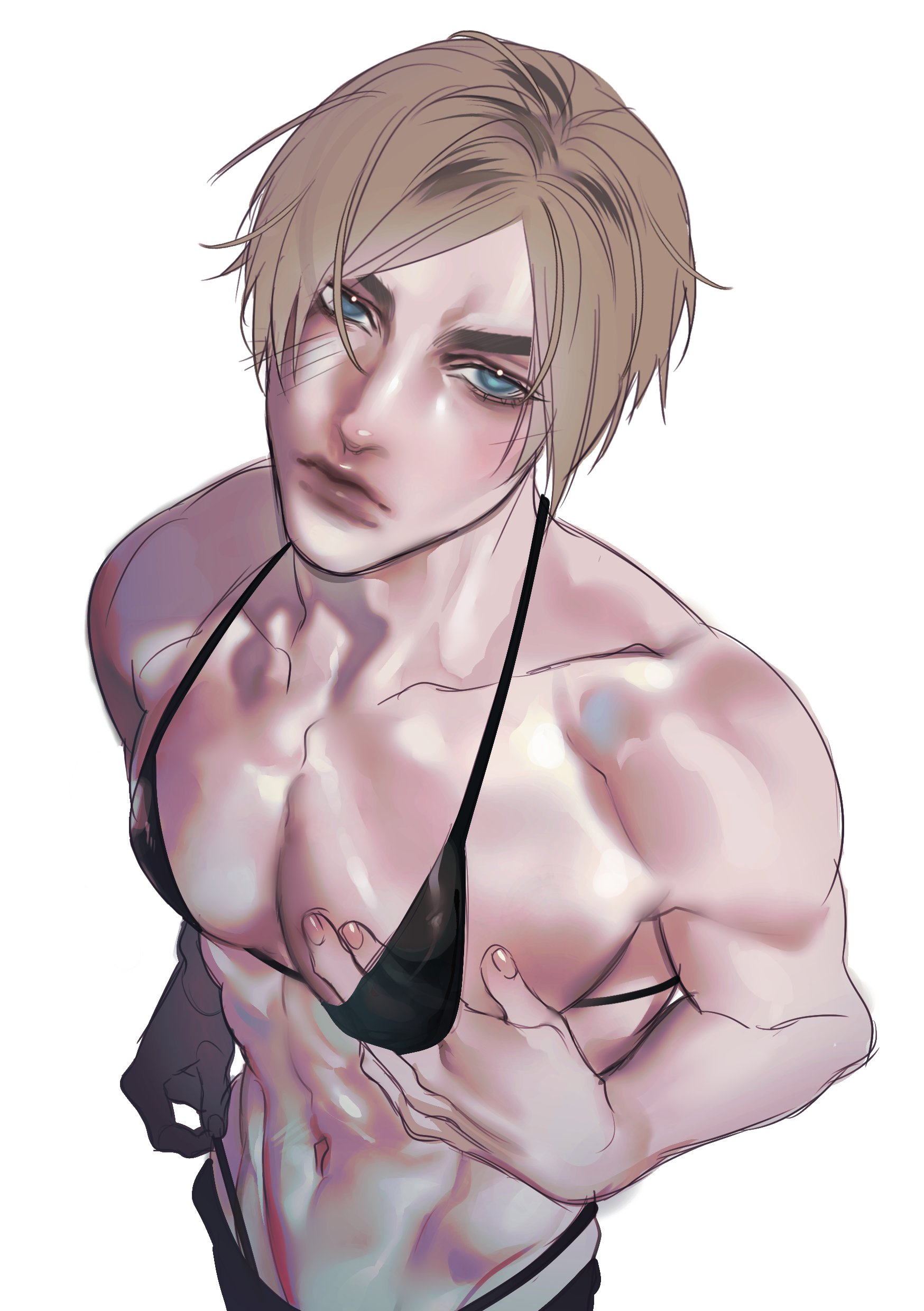 1boy, abs, aommemi, big pecs, bikini top, blue eyes, crossdressing, hand under clothes, leon scott kennedy, looking at viewer, male, male boobs, male breasts, male chest, male in bikini, male only, man boobs, man tits, muscular, muscular male, navel, panty straps, pretty boy, resident evil, resident evil 2, resident evil 4, scantily clad, short hair, thong pull, thong straps, touching own nipples, twunk, white background