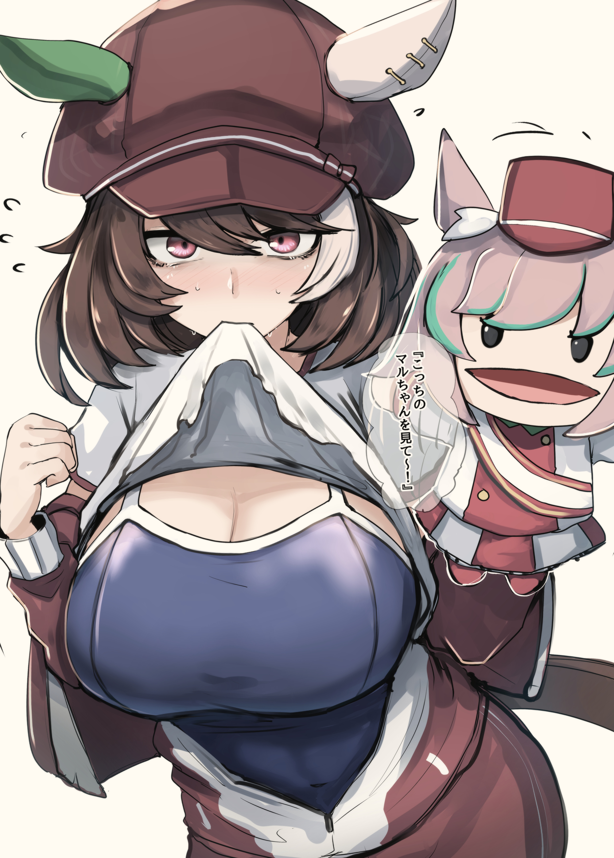 1girls, animal ears, biting clothes, breasts, brown hair, brown tail, cleavage, female, first porn of character, hat, horse ears, horse girl, huge breasts, kanikama25, looking at viewer, marche lorraine (umamusume), pink eyes, puppet, red hat, shirt in mouth, shirt lift, showing breasts, solo, solo female, swimsuit, swimsuit under clothes, tail, translation request, umamusume, umamusume pretty derby