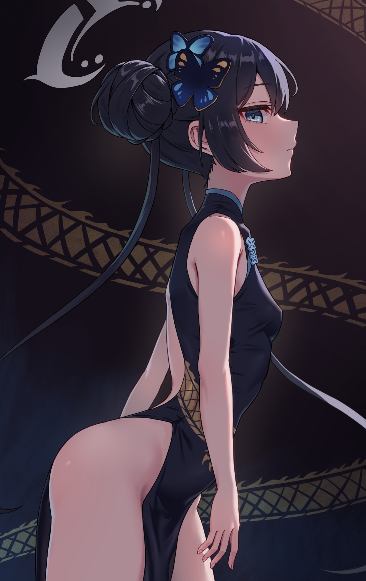 black dress, black hair, blue archive, blue eyes, breasts, butterfly hair ornament, china dress, chinese clothes, closed mouth, dress, female, female only, from side, hair bun, hair ornament, halo, highres, kadokadokado, kisaki (blue archive), long hair, pelvic curtain, profile, side slit, sleeveless, sleeveless dress, small breasts, solo, twintails, very long hair