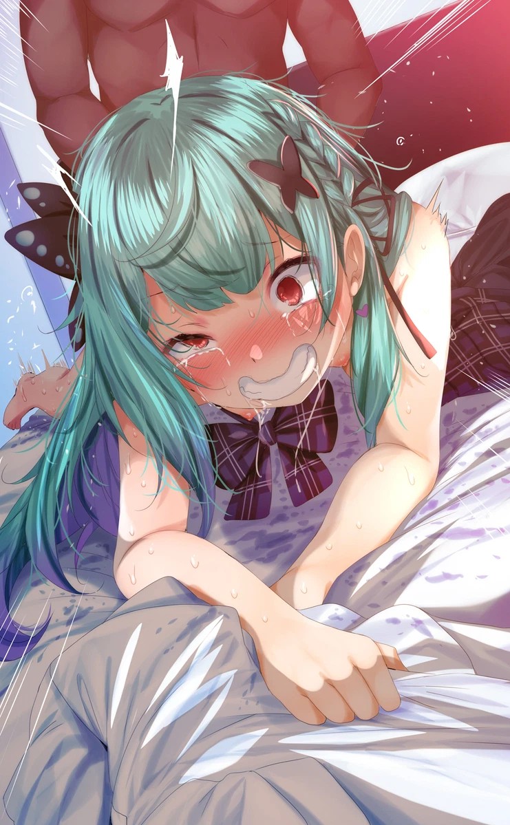 1boy, ahe gao, aqua hair, bed sheet, blue hair, blush, bow, bowtie, braid, breasts, butterfly hair ornament, clenched teeth, crying, crying with eyes open, dark skin, dark-skinned male, doggy style, drooling, female, flat chest, fringe, from behind, fumihiko (pixiv2658856), grabbing sheets, gradient hair, green hair, hair ornament, highres, hololive, hololive fantasy, hololive japan, implied sex, implied vaginal, interracial, long hair, male, male/female, multicolored hair, nipples, overwhelming orgasm, overwhelming pleasure, pink hair, plaid, plaid bow, plaid bowtie, pleasure face, pussy, rape, red eyes, saliva, saliva trail, sex, sheet grab, side braid, single braid, smile, solo focus, straight, sweat, tears, teenager, teeth, torogao, uruha rushia, vaginal penetration, virtual youtuber