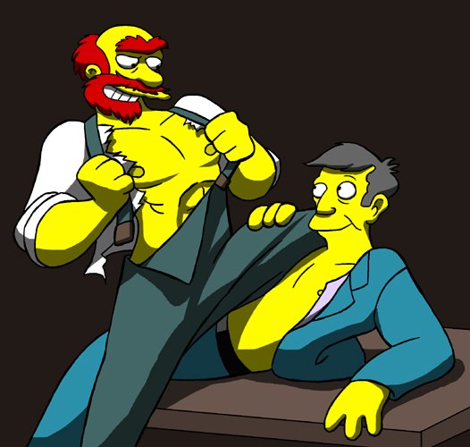 2boys abs beard exposed_nipples facial_hair gray_hair groundskeeper_willie human humon imminent_sex leg_up looking_at_partner male male_only multiple_males mustache no_visible_genitalia on_table open_shirt pecs red_hair seymour_skinner smile straddling tagme the_simpsons undressing yaoi yellow_skin