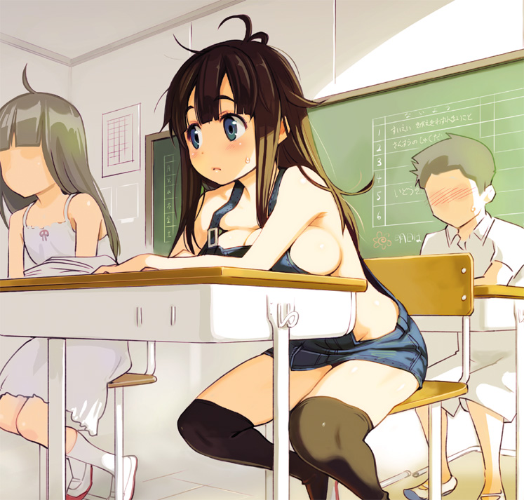 1boy 2girls ahoge antenna_hair bangs bare_shoulders big_breasts big_eyes black_hair black_legwear blackboard blue_eyes blunt_bangs blush blushing book breast_press breast_rest breasts brown_hair chair chalkboard classroom cleavage desk dress faceless faceless_female faceless_male flat_chest hime_cut indoors kneehighs large_breasts long_hair multiple_girls naked_overalls neoteny no_bra no_socks original over-kneehighs overalls ryoji_(nomura_ryouji) school_desk shoes sitting small_but_busty socks solo_focus sundress sunlight sweatdrop table thighhighs uwabaki white_dress white_legwear