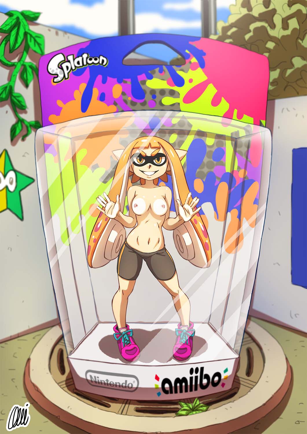 amiibo anthro breasts cephalopod cephalopod_humanoid female humanoid in_a_box inkling inkling_girl kaori_(splatoon) mask_(marking) nintendo ono-fire orange_eyes orange_hair shorts solo splatoon squid straight_hair tentacle tentacle_hair topless