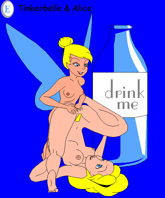 1990s 2000s 2girls alice_(disney) alice_in_wonderland alice_in_wonderland_(1951_film) alice_liddell blue_background crossover disney female female_only fisting multiple_girls nipples peter_pan_(1953_film) peter_pan_(disney) pussy straight_hair tinker_bell year_request yuri