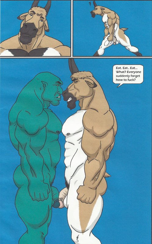 abs angry anthro balls beard biceps caprine comic dialog facial_hair furry gay goat goatee male monster_boy muscles pecs penis sudonym text troll