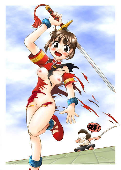 breasts chai_xianghua color colored female heishiro_mitsurugi huge_eyes paheal ripped_clothes ripped_clothing rule_34_(paheal) sky soul_calibur soulcalibur sword tagme