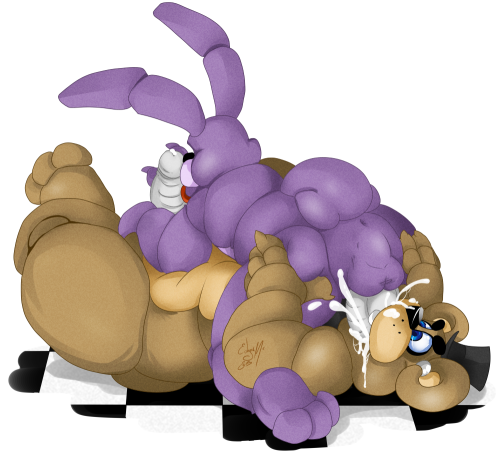 animatronic bear bonnie_(fnaf) cum five_nights_at_freddy's freddy_(fnaf) fronnie frots genitals lagomorph male male_only mammal penis rabbit video_games yaoi