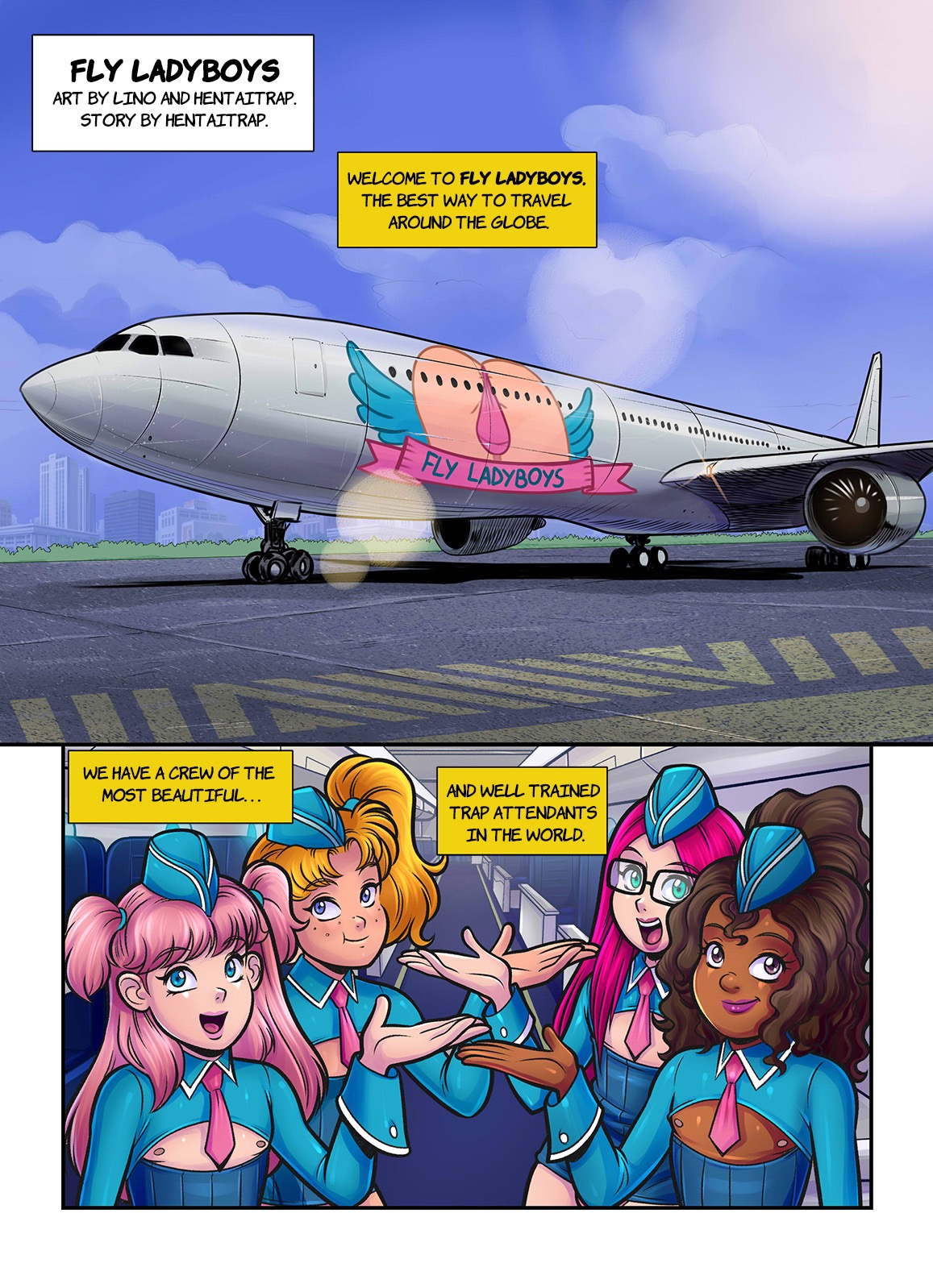 4boys, 4femboys, areolae, ass, backsack, balls, balls in panties, ballsack, blonde, blonde hair, blue eyes, brown eyes, brown hair, comic, crossdressing, dark skin, dark-skinned femboy, dark-skinned male, english text, erect nipples, femboy, feminine male, flight attendant, fly ladyboys, girly, green eyes, hair, large ass, looking at viewer, male, male only, male with male, multiple boys, multiple males, necktie, nipples, no bra, panties, panty bulge, pink hair, plane, purple eyes, purple hair, purple lipstick, skirt, smile, stewardess uniform, tekuho, text, tied hair, trap, twintails