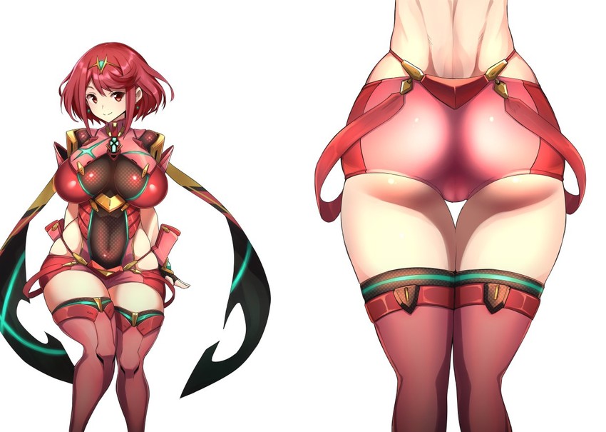 1girls, arms behind back, ass, ass focus, back, big ass, breasts, cameltoe, circlet, clothed, curvy, earrings, female, female only, from behind, higher resolution available, hips, jewelry, large breasts, looking at viewer, nintendo, nuezou, pussy, pyra, red eyes, red hair, red legwear, short hair, short shorts, shorts, simple background, skindentation, smile, solo, source request, thick thighs, thigh gap, thighhighs, thighs, white background, wide hips, xenoblade (series), xenoblade chronicles 2