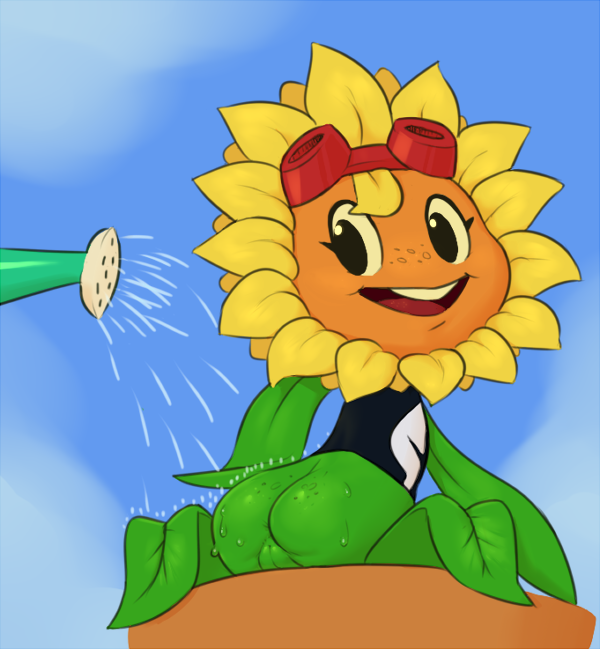 anus ass clothing eyelashes eyewear female flora_fauna flower flower_pot freckles goggles looking_back plant plants_vs_zombies plants_vs_zombies:_heroes ponchuzn pussy shirt smile solar_flare_(pvz) solo sunflower sunflower_(pvz) water watering_can wet