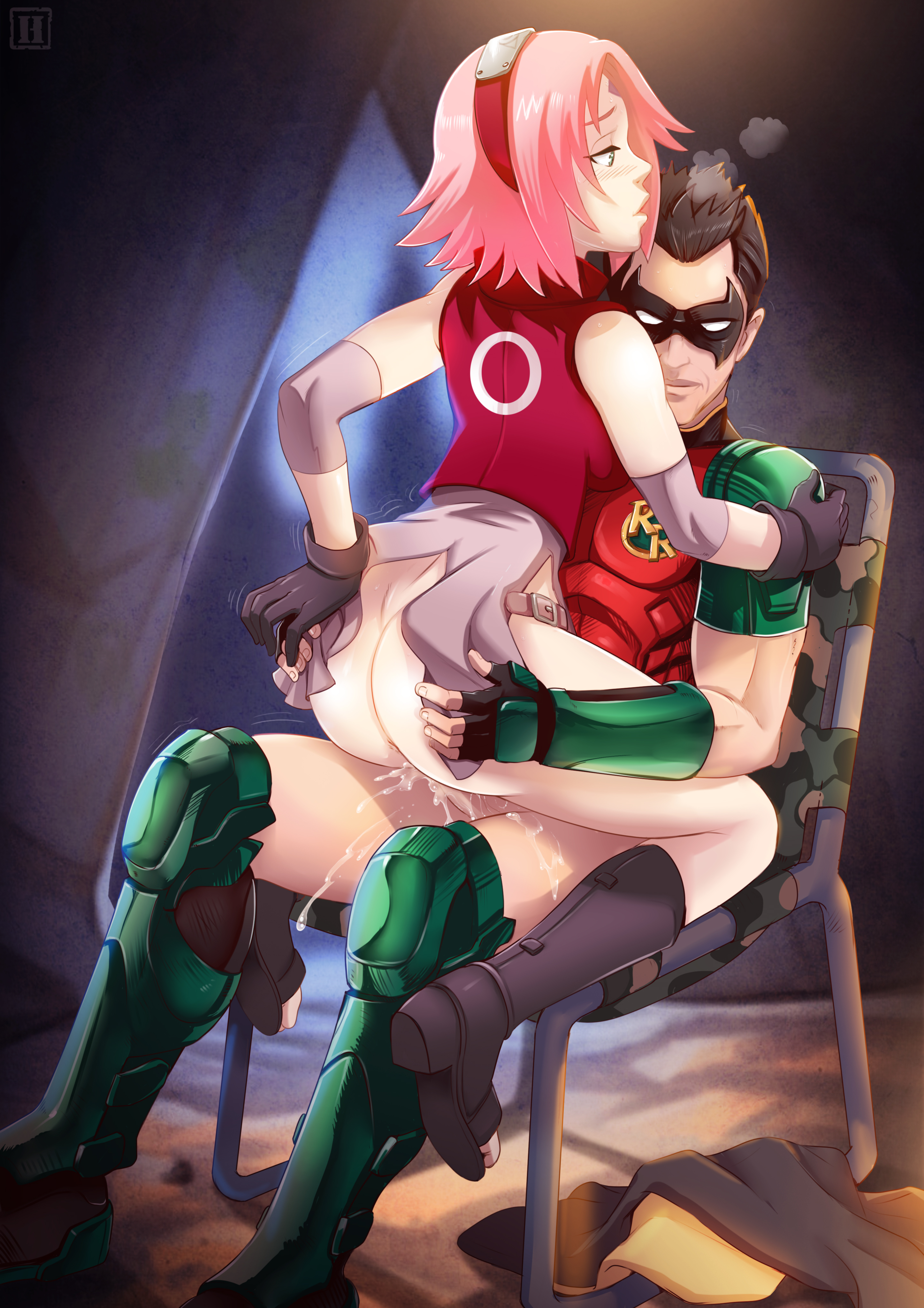 batman (series), black hair, bottomless, clothed sex, cowgirl position, creampie, crossover, cum, cum in pussy, cum inside, dc, dc comics, eastern and western character, female, hmage, human, male, naruto, naruto (series), no panties, orgasm, pink hair, pussy, red robin, robin (dc), robin (tim drake), sakura haruno, sex, straight, teen titans, tim drake