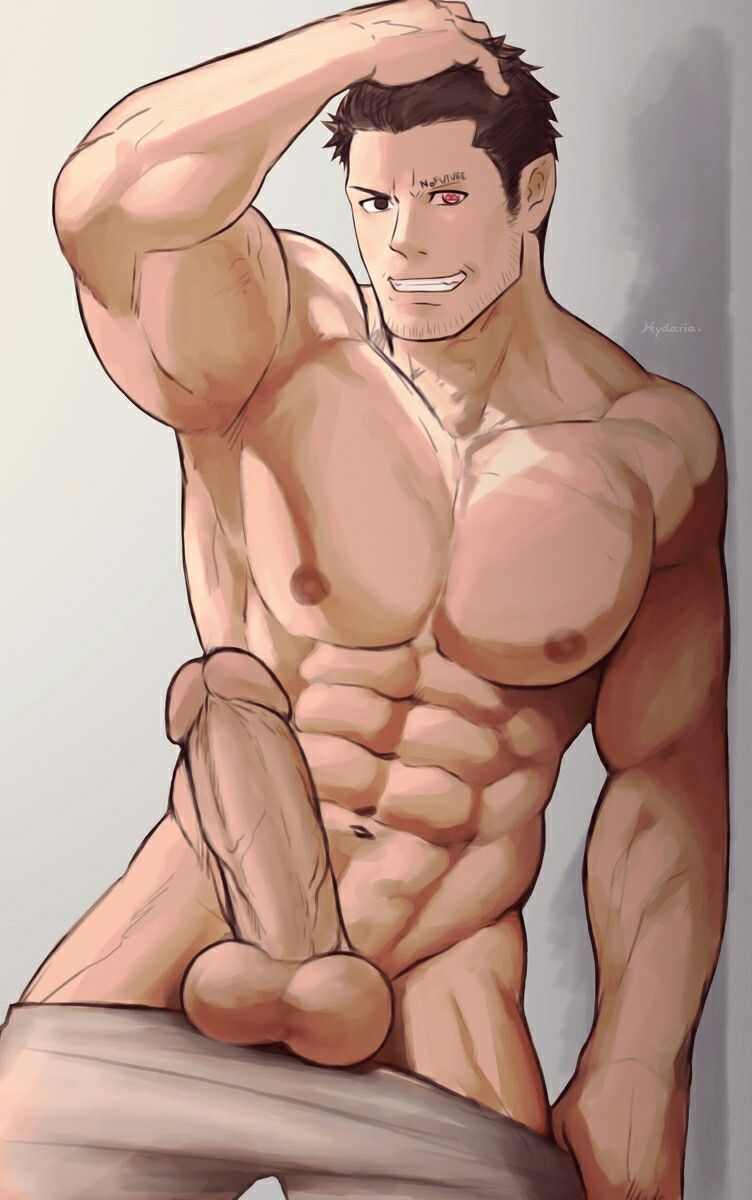 1boy abs bara big_penis boner brown_hair erection free_(soul_eater) hydaria looking_at_viewer looking_down looking_down_at_viewer low-angle_view male male_focus male_only muscles muscular muscular_male nipples partially_clothed penis pointy_ears smile solo soul_eater standing tattoo testicles