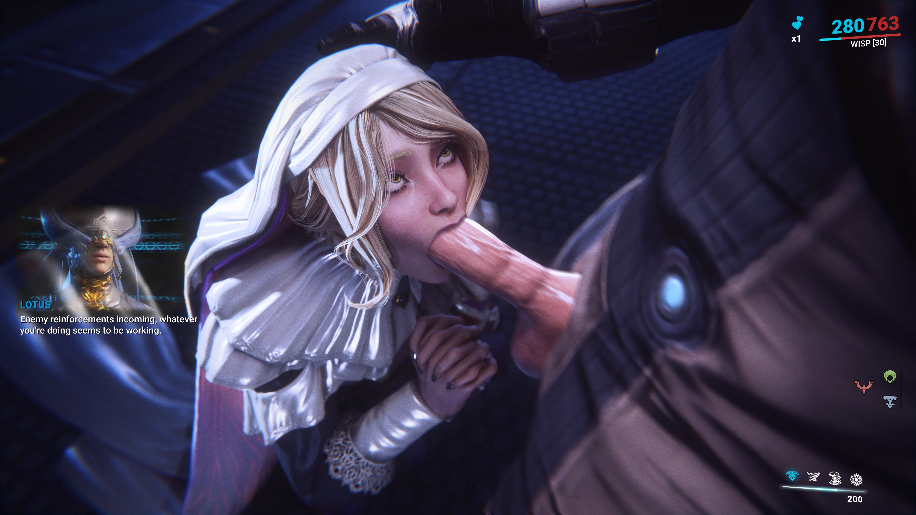 :>=, 1boy, 1girls, 3d, armor, blender, blonde hair, blowjob, clothing, corpus, cowl, crewman (warframe), dialogue, eyelashes, eyeliner, face fucking, female, gameplay mechanics, glowing eyes, hand on head, jewelry, kneeling, kneeling oral position, lipstick, lipstick mark, lipstick on penis, long nails, looking at partner, looking up, lotus (warframe), makeup, male, male/female, marie leroux, motion blur, nun, on knees, oral, penis, praying, protoframe, revniero3d, saliva on penis, warframe, wet penis, wisp (warframe), yellow eyes