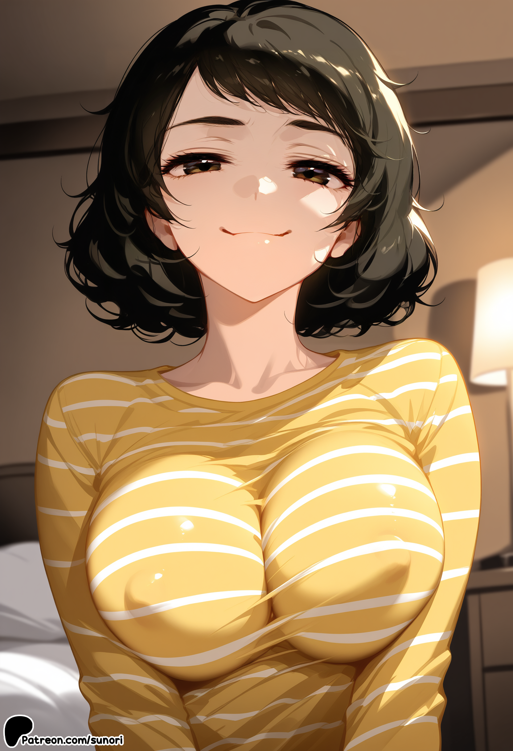 ai generated, breasts, brown eyes, female, half-closed eyes, horizontal stripes, large breasts, persona, persona 5, sadayo kawakami, shirt, short hair, smile, striped, striped jacket, striped shirt, sunori